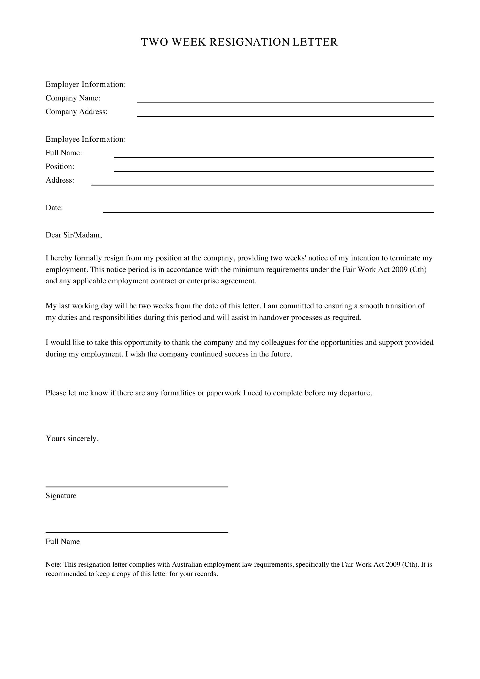 2 Week Resignation Letter Template - Australia