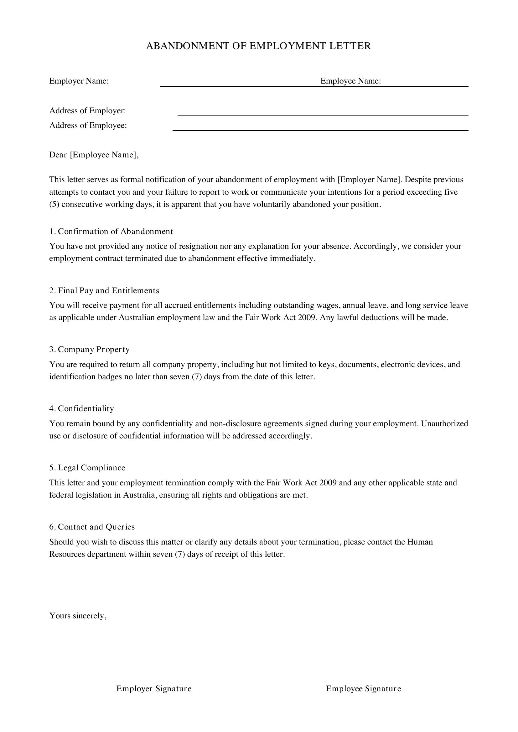Abandonment Of Employment Letter Template - Australia