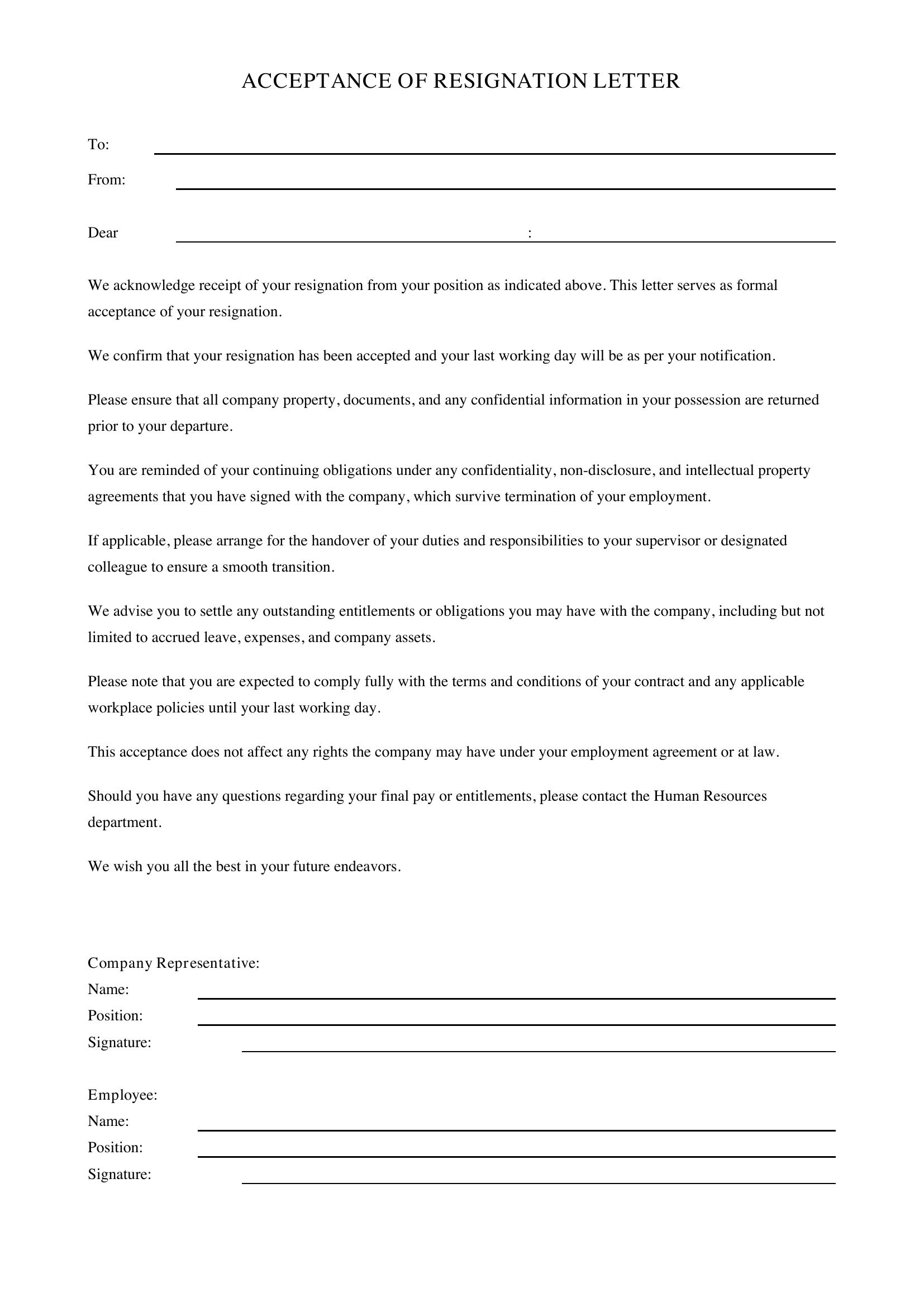 Acceptance Of Resignation Letter Template - Australia