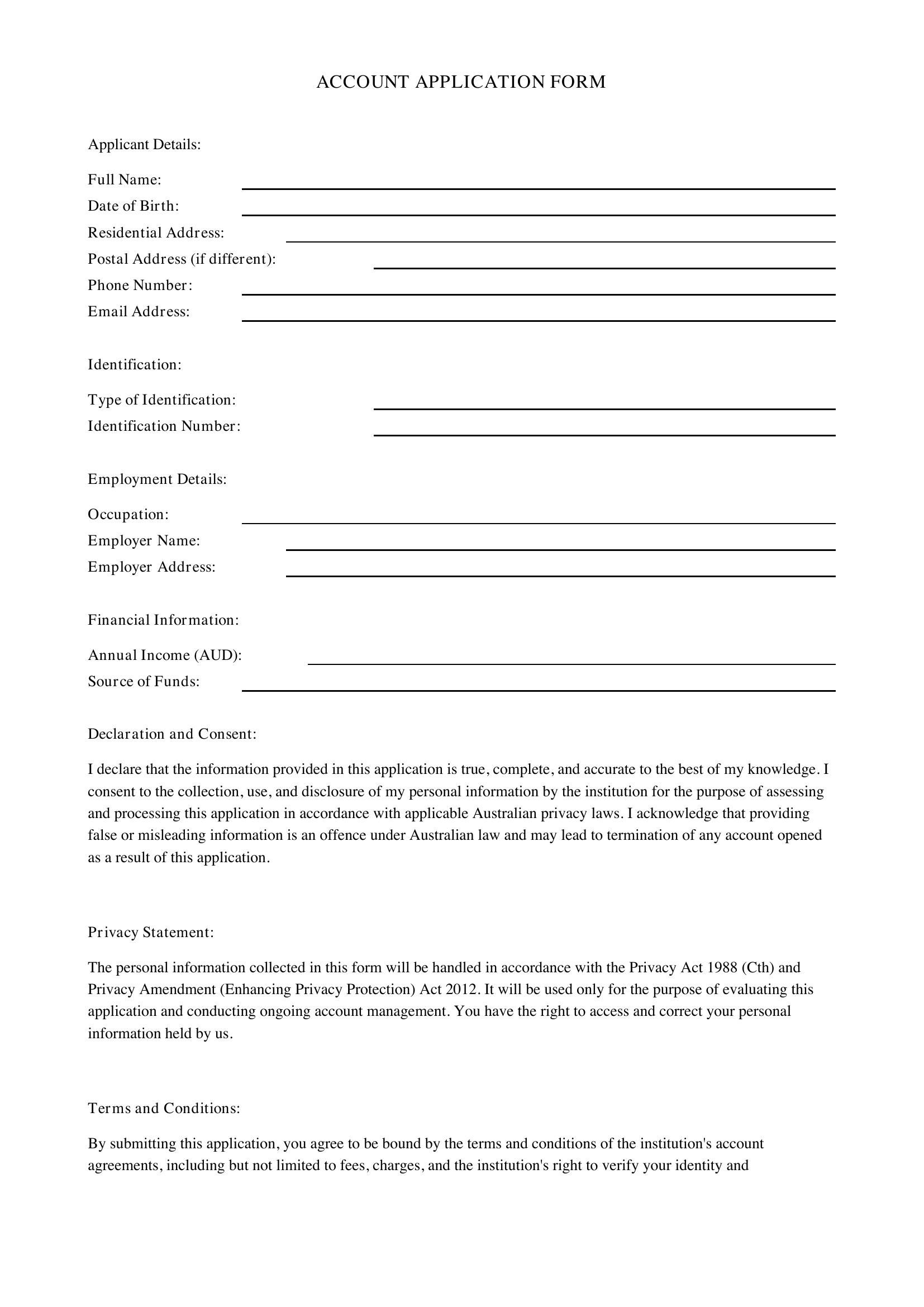 Account Application Form Template - Australia