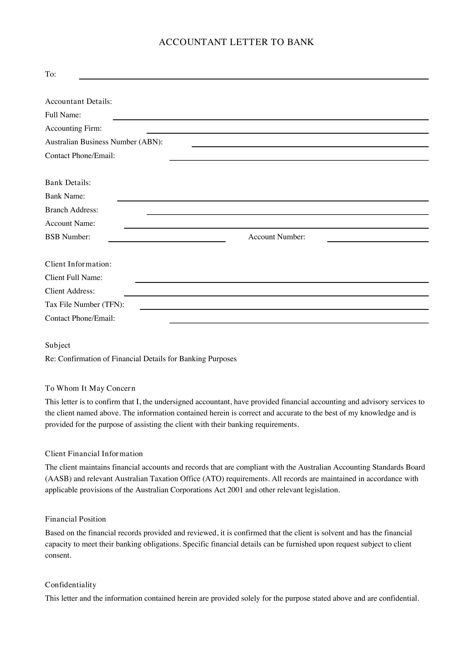 Accountant Letter To Bank Template - Australia