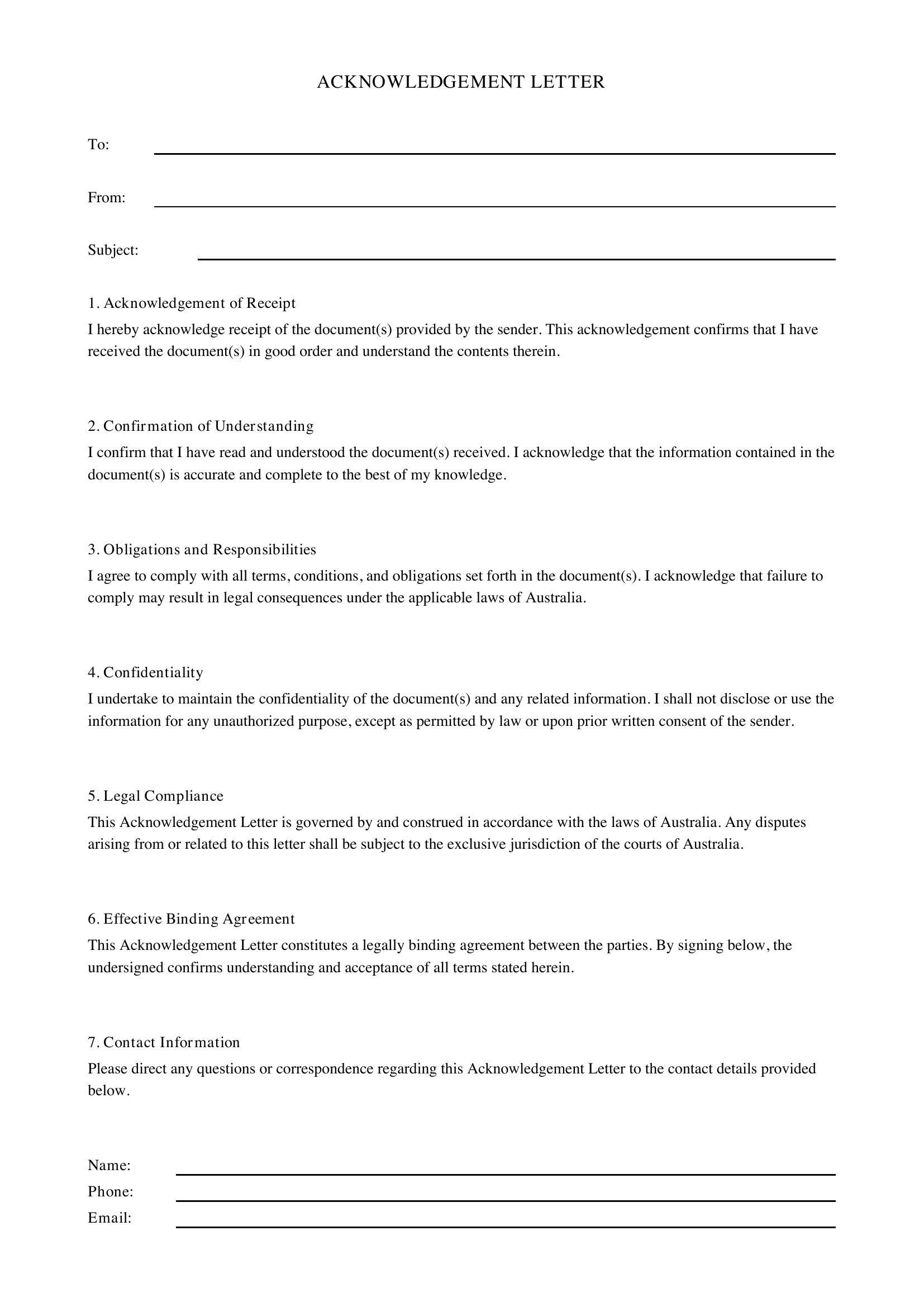 Acknowledgement Letter Template - Australia