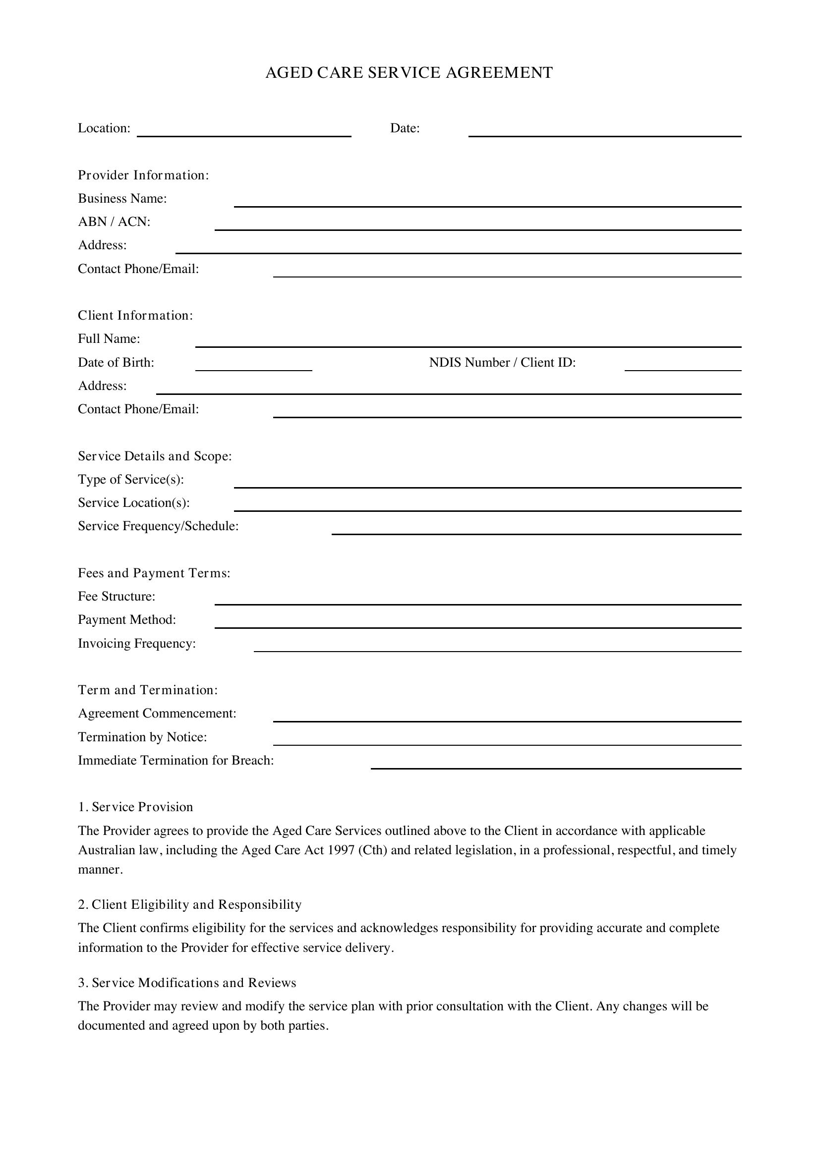 Aged Care Service Agreement Template - Australia