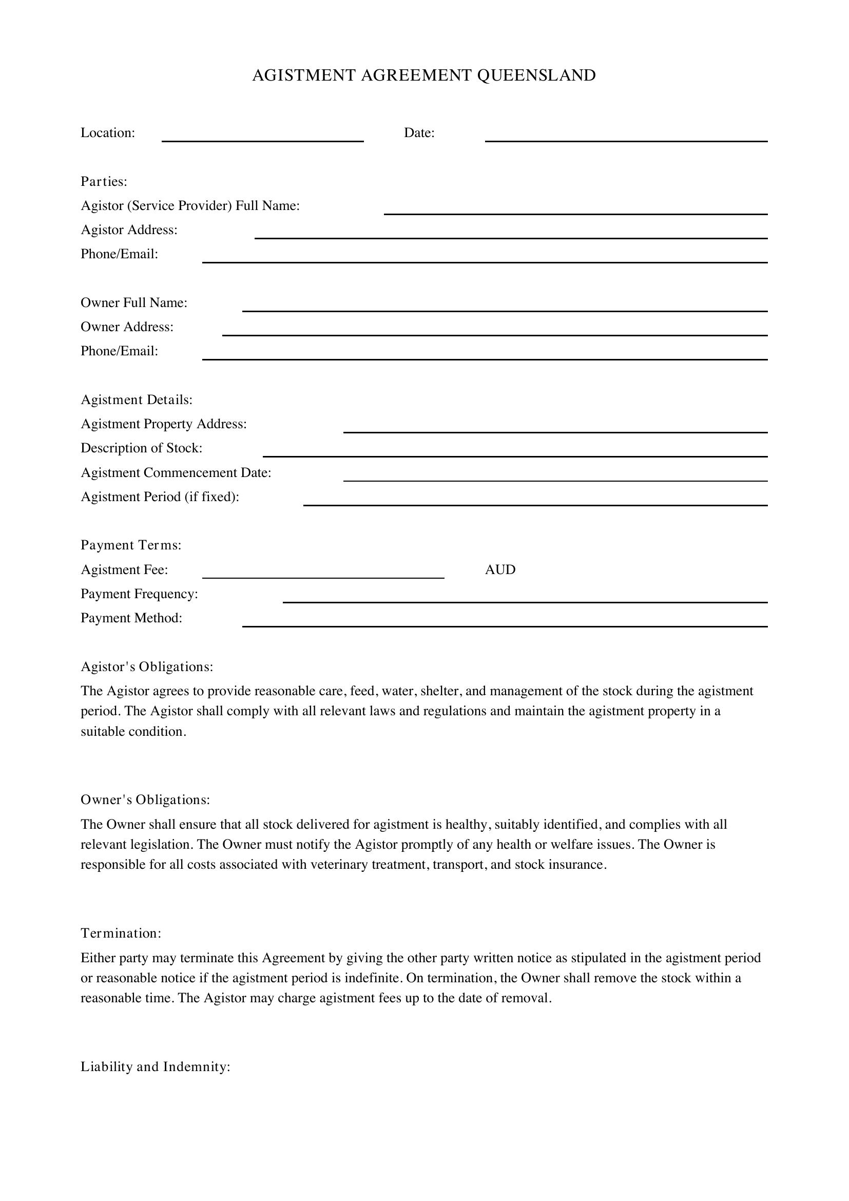 Agistment Agreement Qld Template - Australia