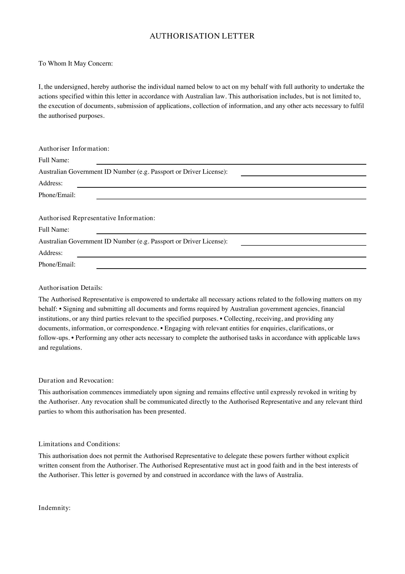 Authorisation Letter Template - Australia