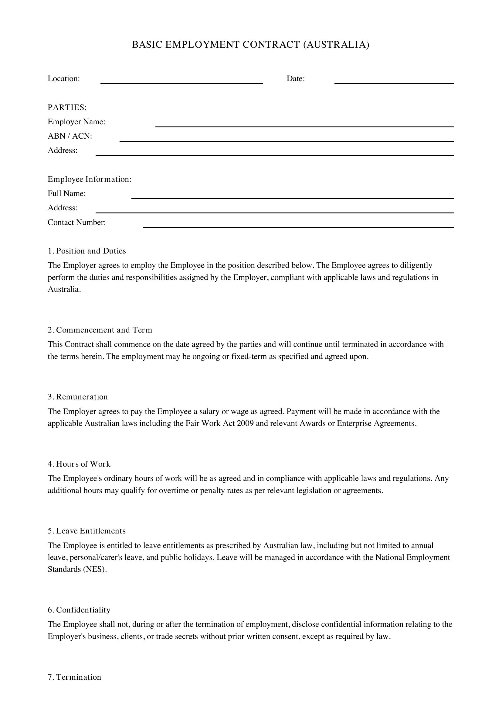 Basic Employment Contract Template - Australia
