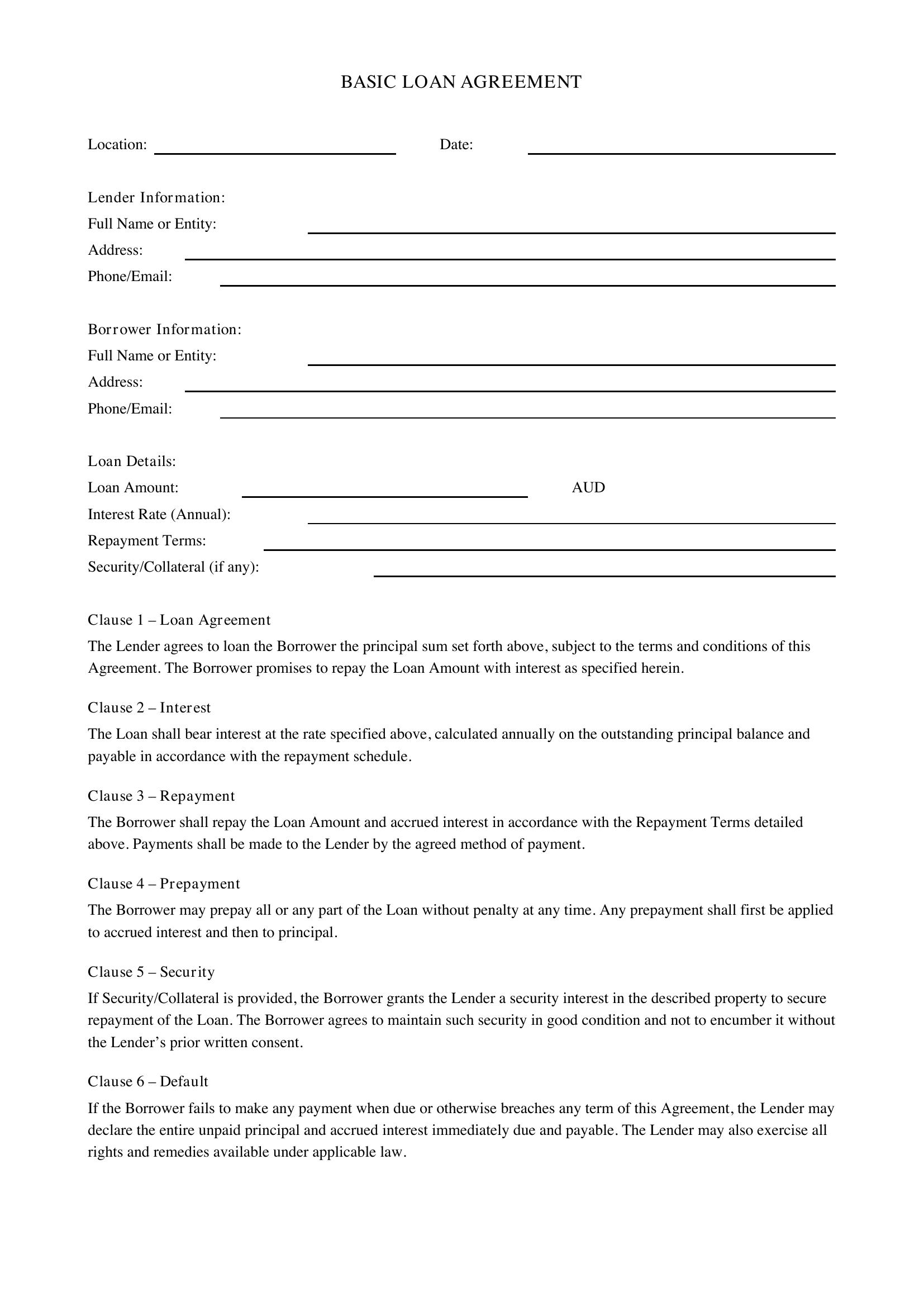 Basic Loan Agreement Template - Australia