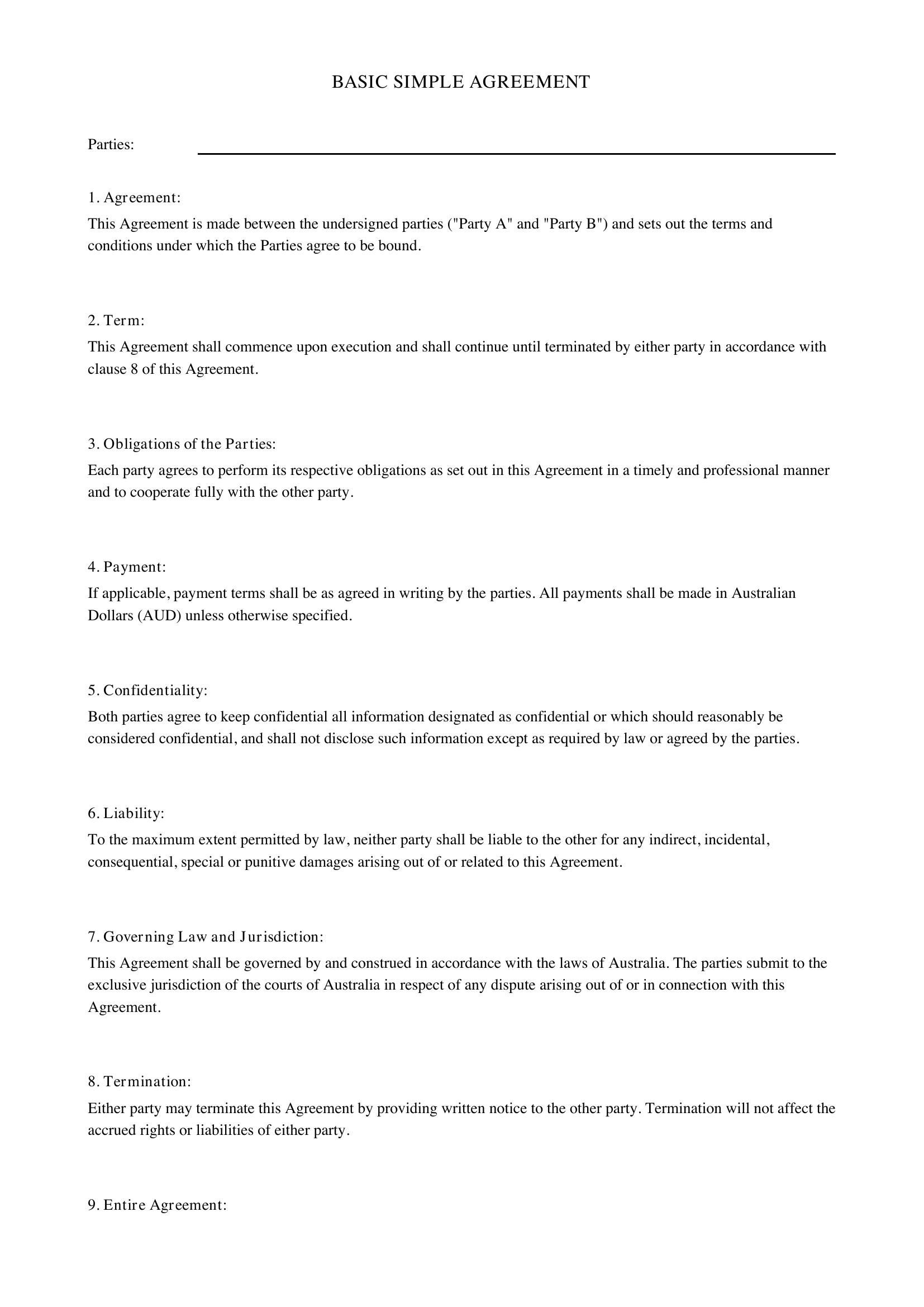 Basic Simple Agreement Template - Australia