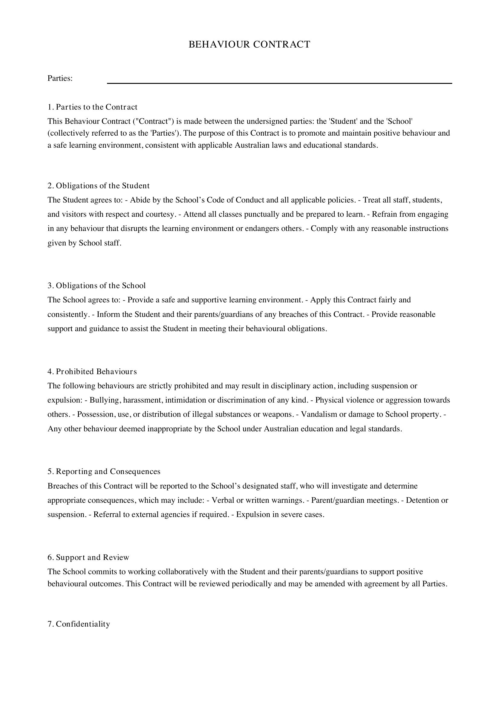 Behaviour Contract Template - Australia