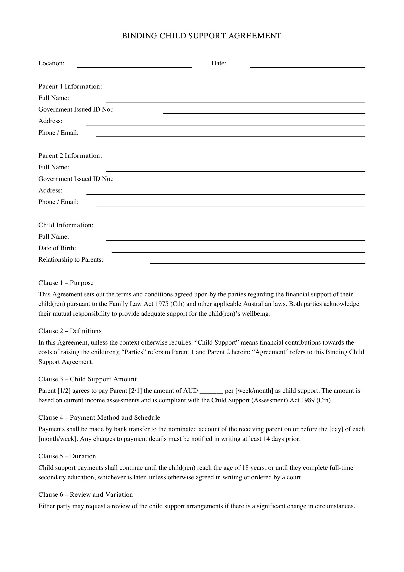 Binding Child Support Agreement Template - Australia