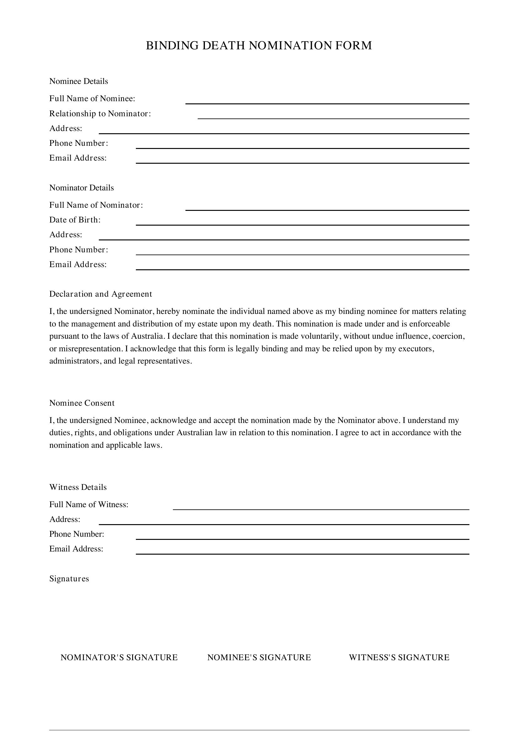 Binding Death Nomination Form Template - Australia