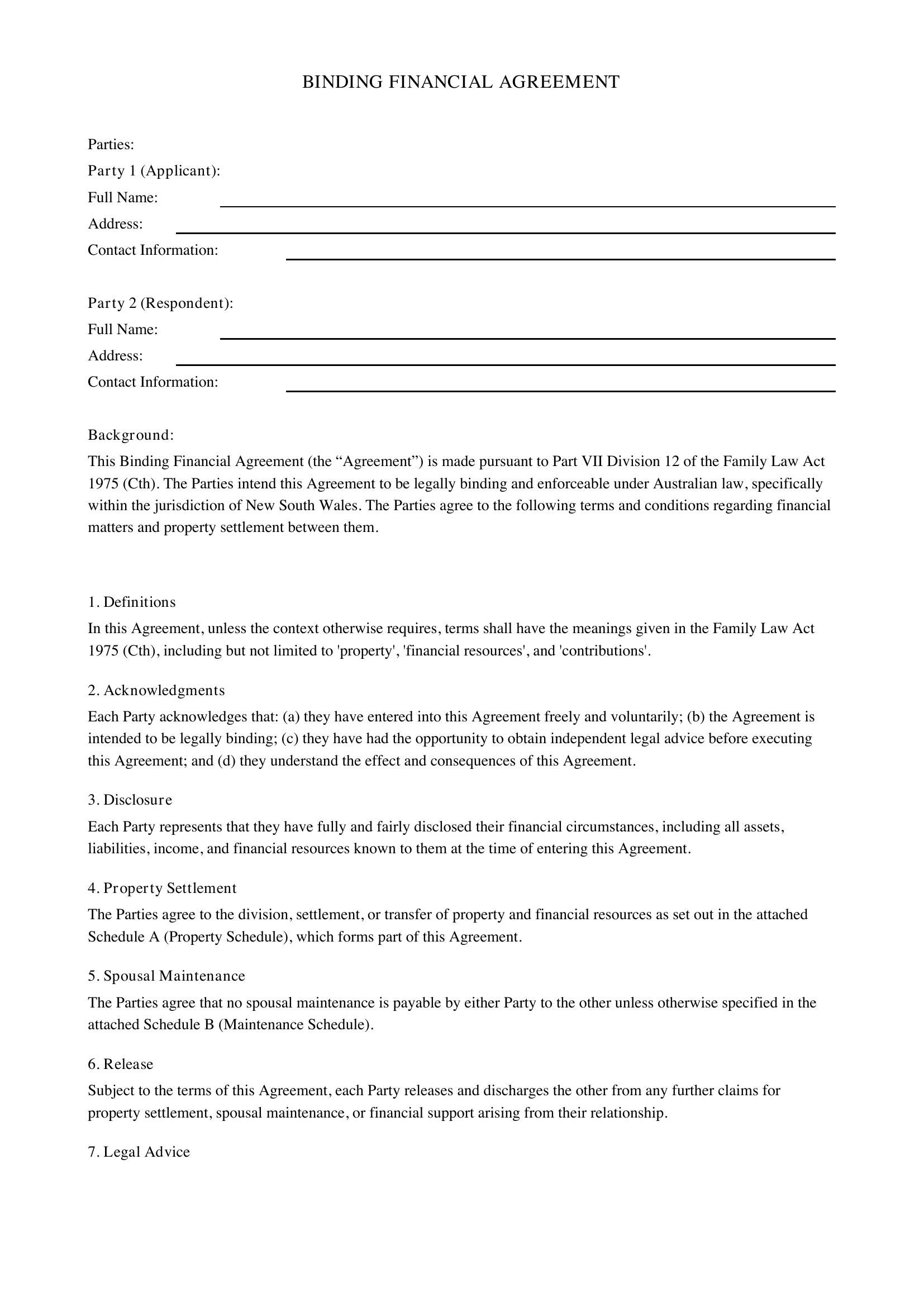 Binding Financial Agreement Nsw Template - Australia