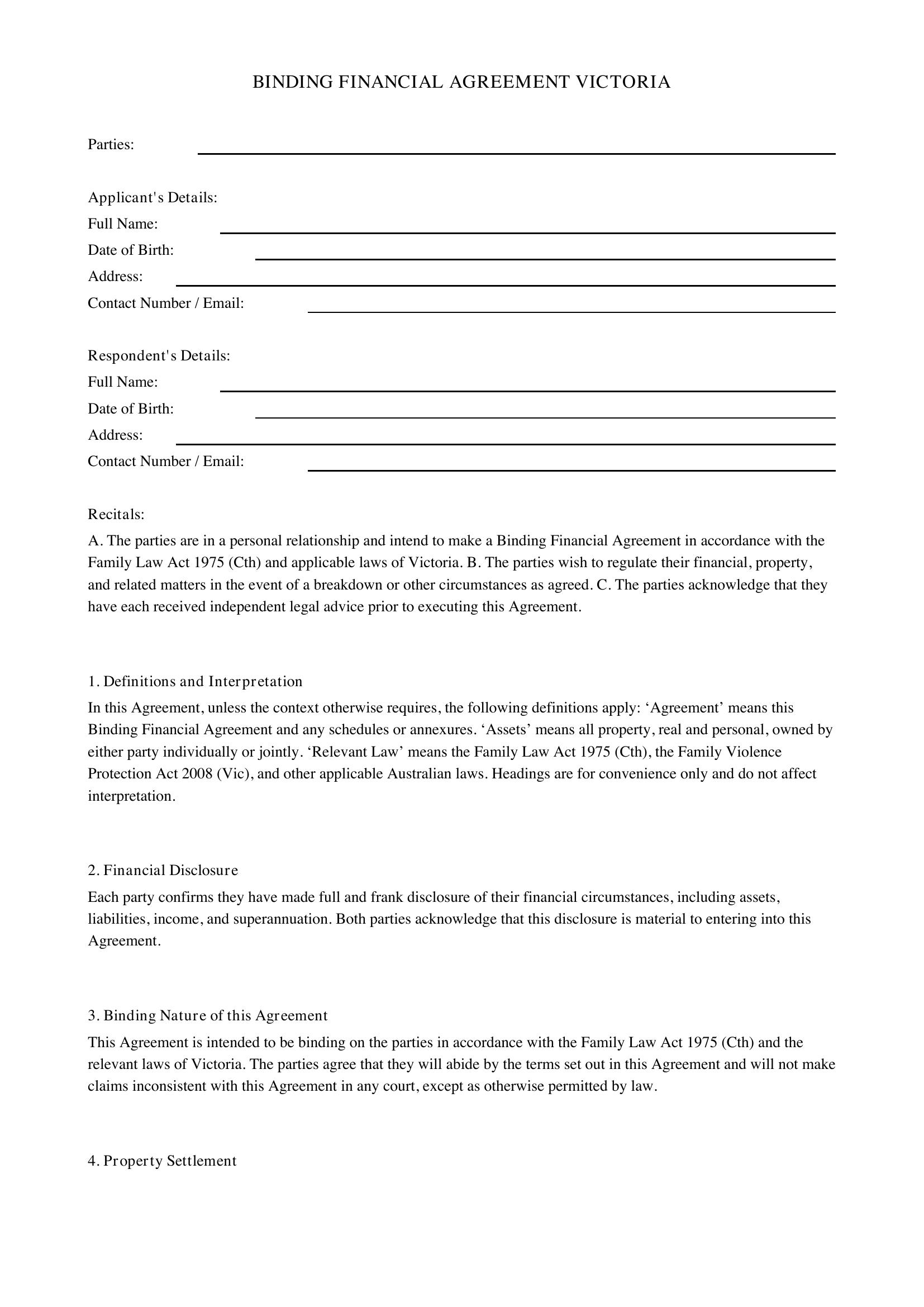 Binding Financial Agreement Victoria Template - Australia