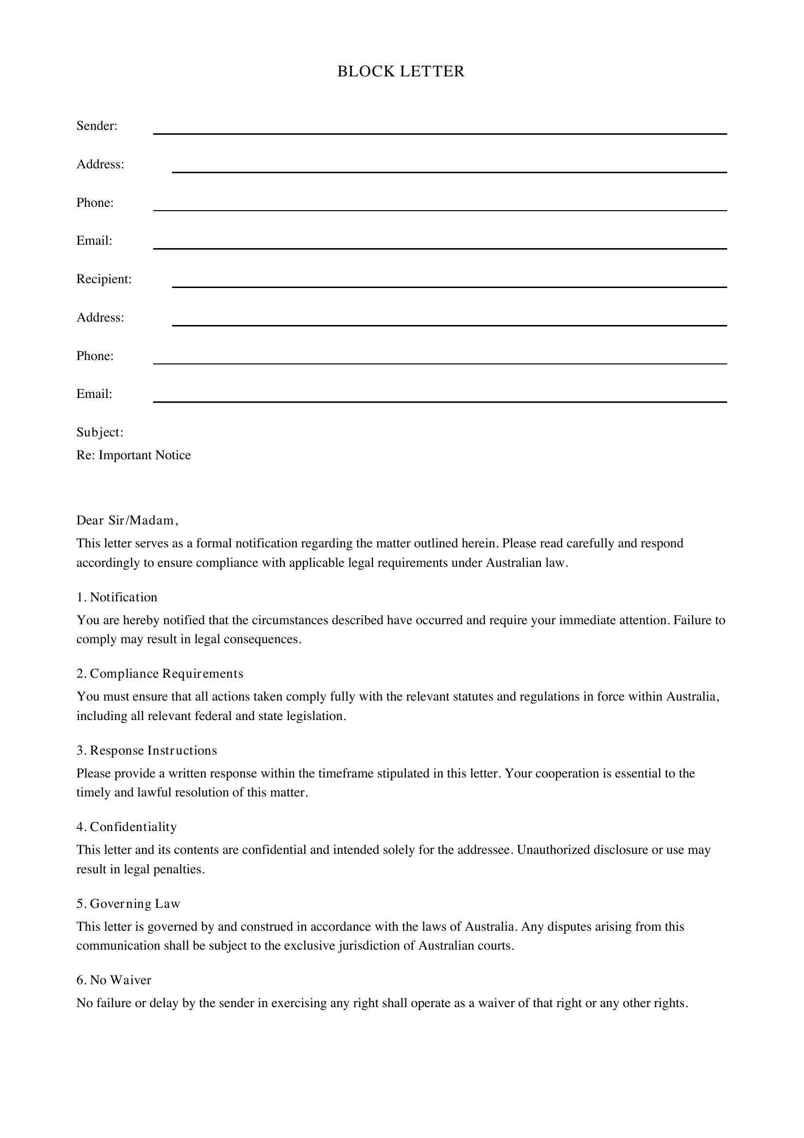 Block Letter Template - Australia