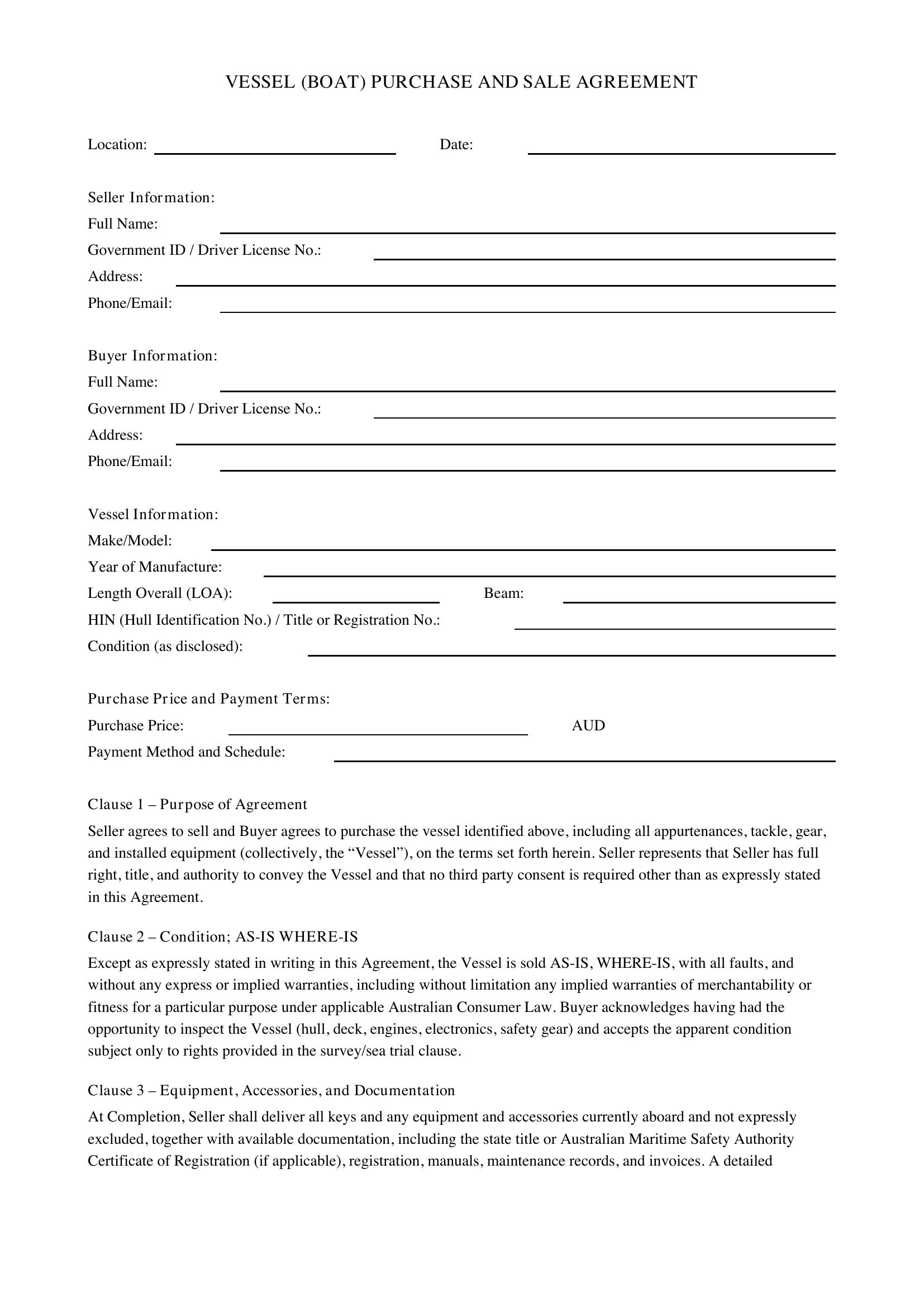 Boat Sale Contract Template - Australia