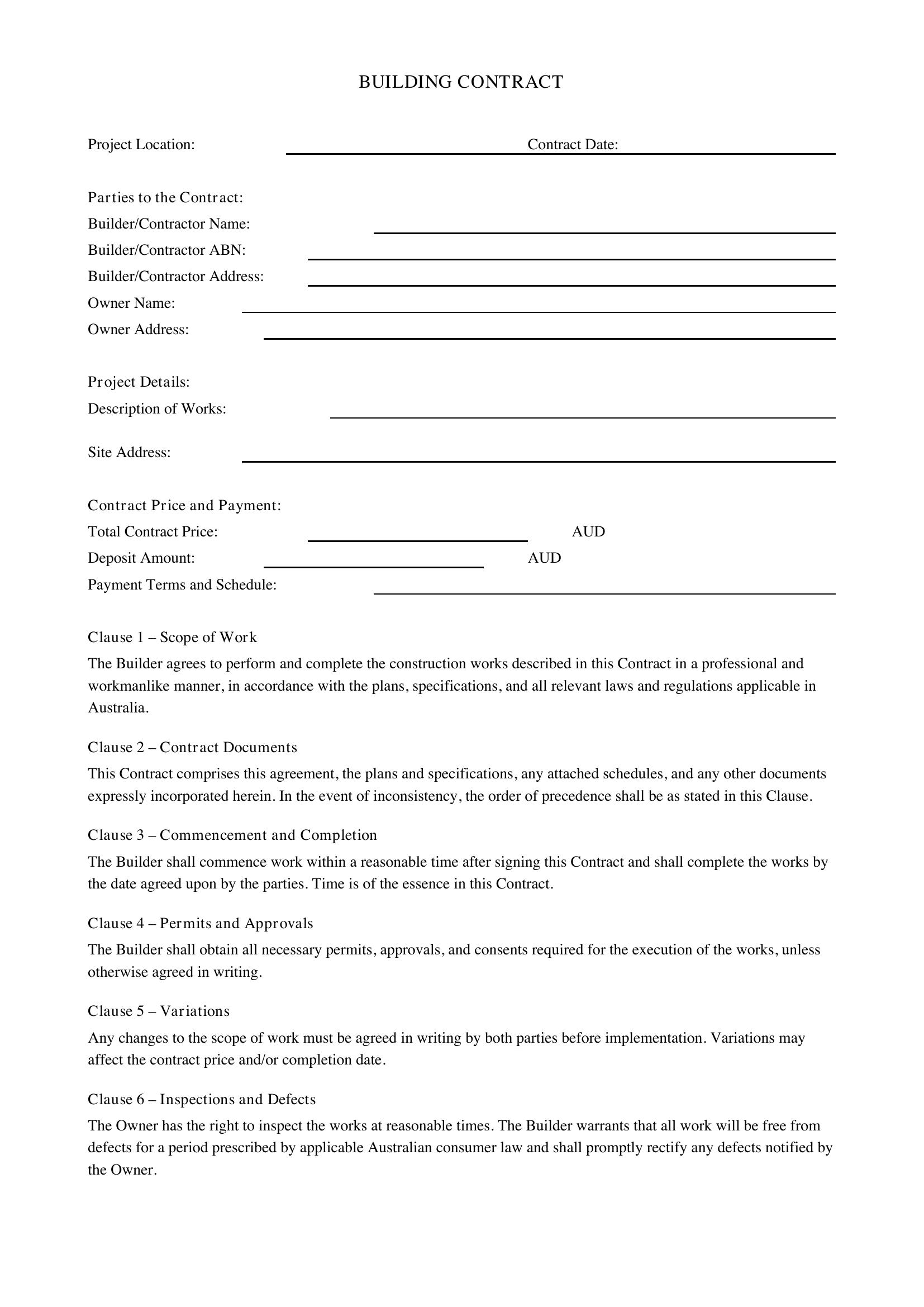 Building Contract Template - Australia