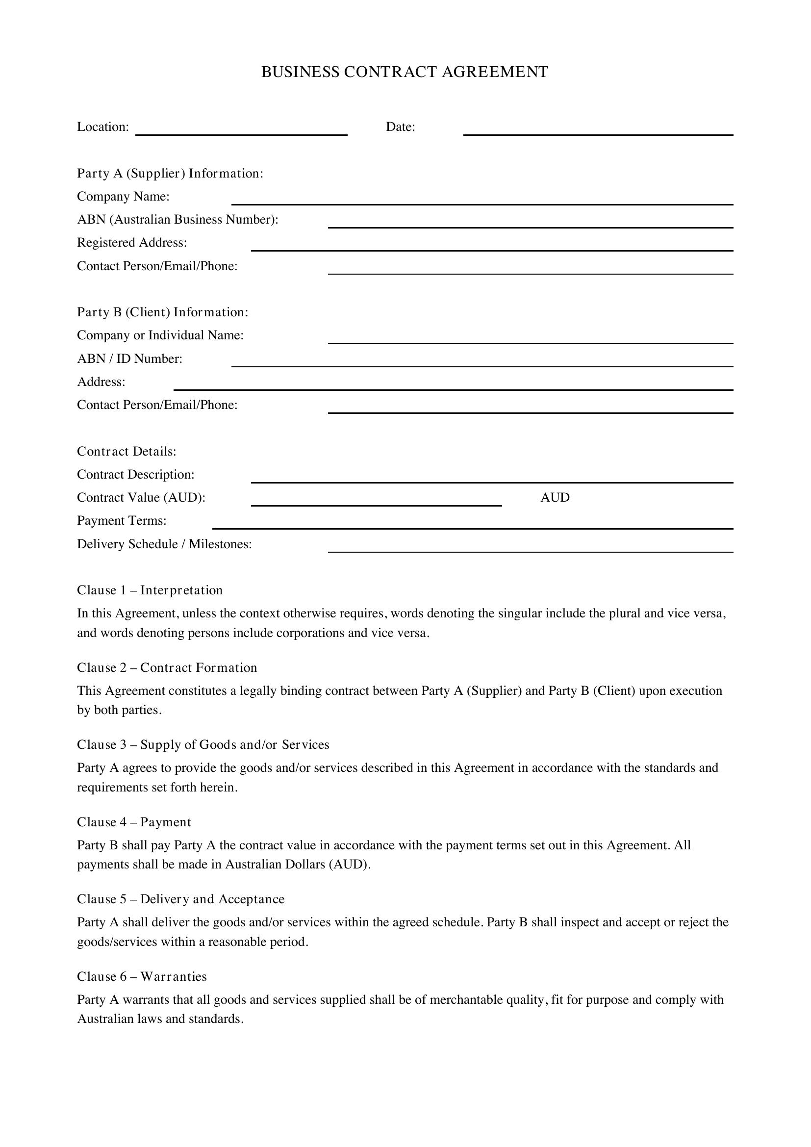 Business Contract Template - Australia
