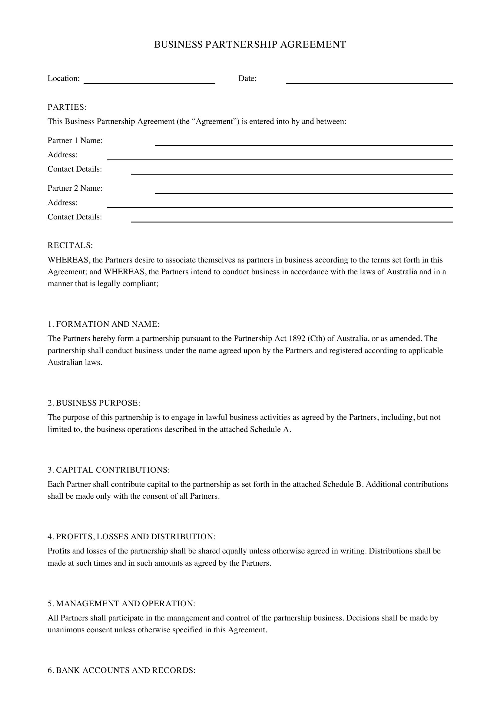 Business Partnership Agreement Template - Australia