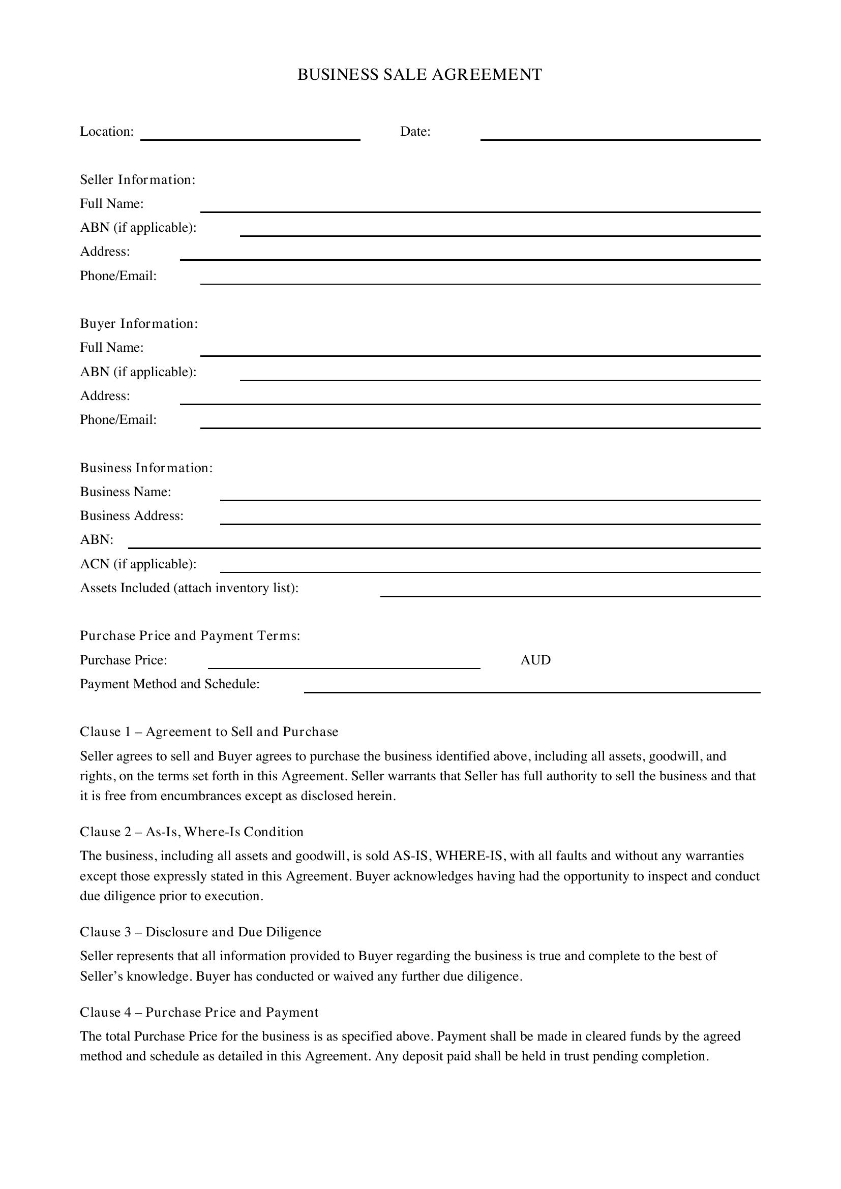 Business Sale Contract Template - Australia