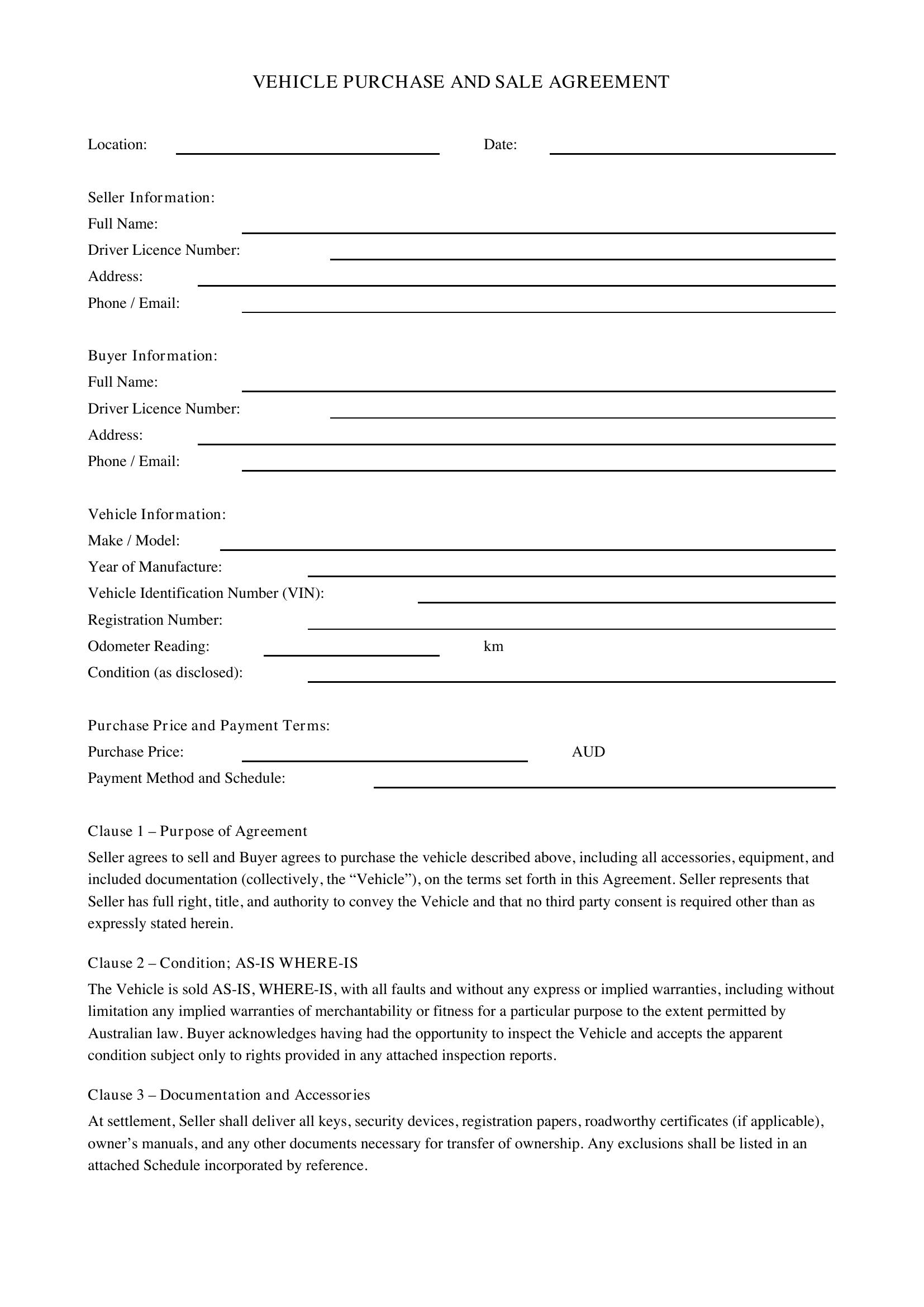 Car Contract Of Sale Template - Australia