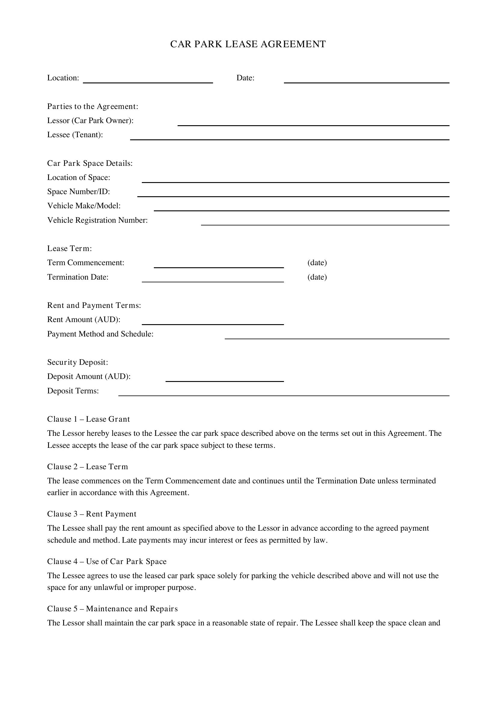 Car Park Lease Agreement Template - Australia