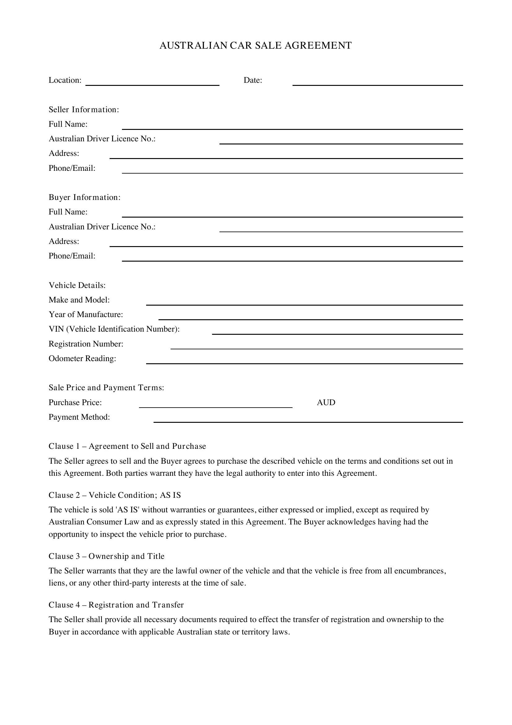 Car Sale Agreement Template - Australia