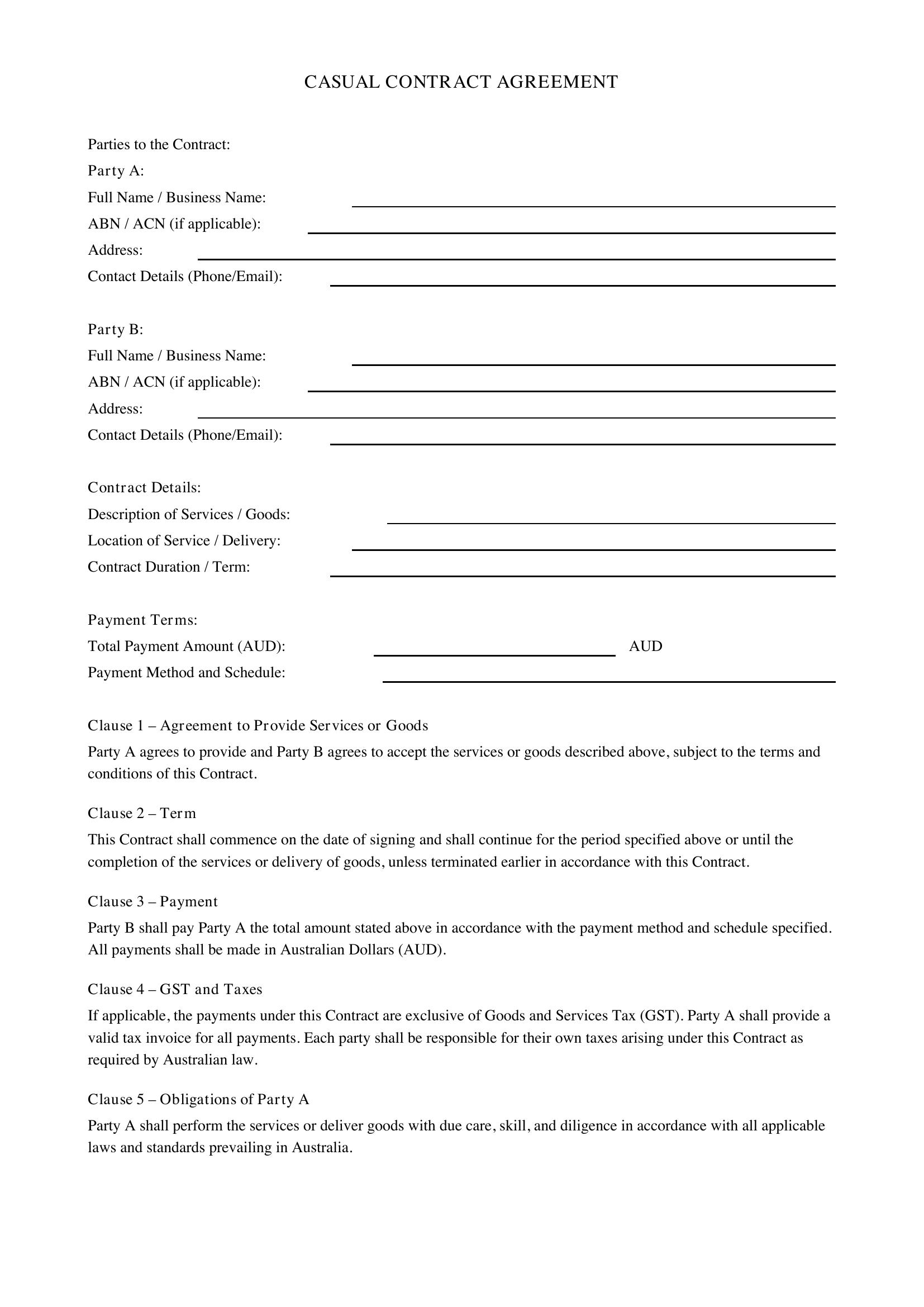 Casual Contract Template - Australia