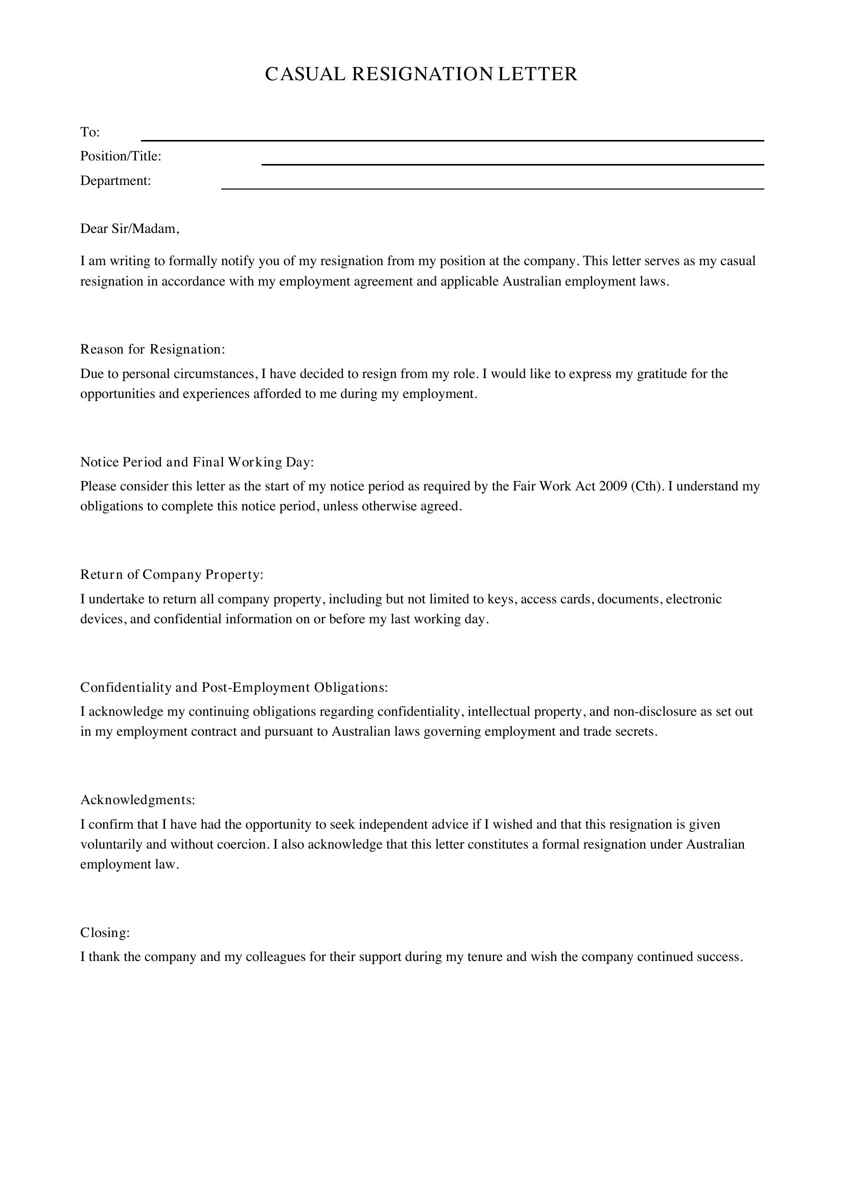 Casual Resignation Letter Template - Australia