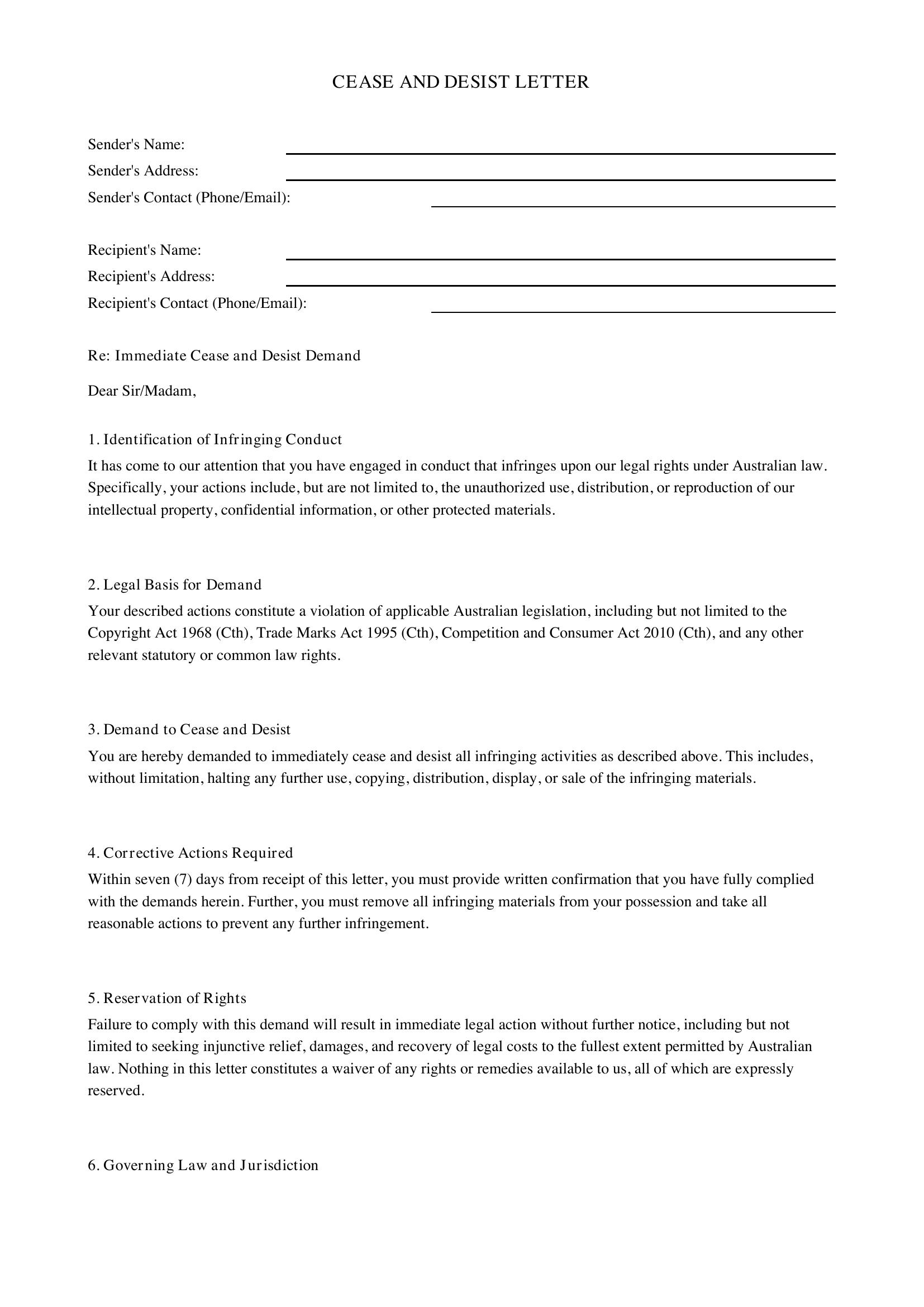 Cease And Desist Letter Template - Australia