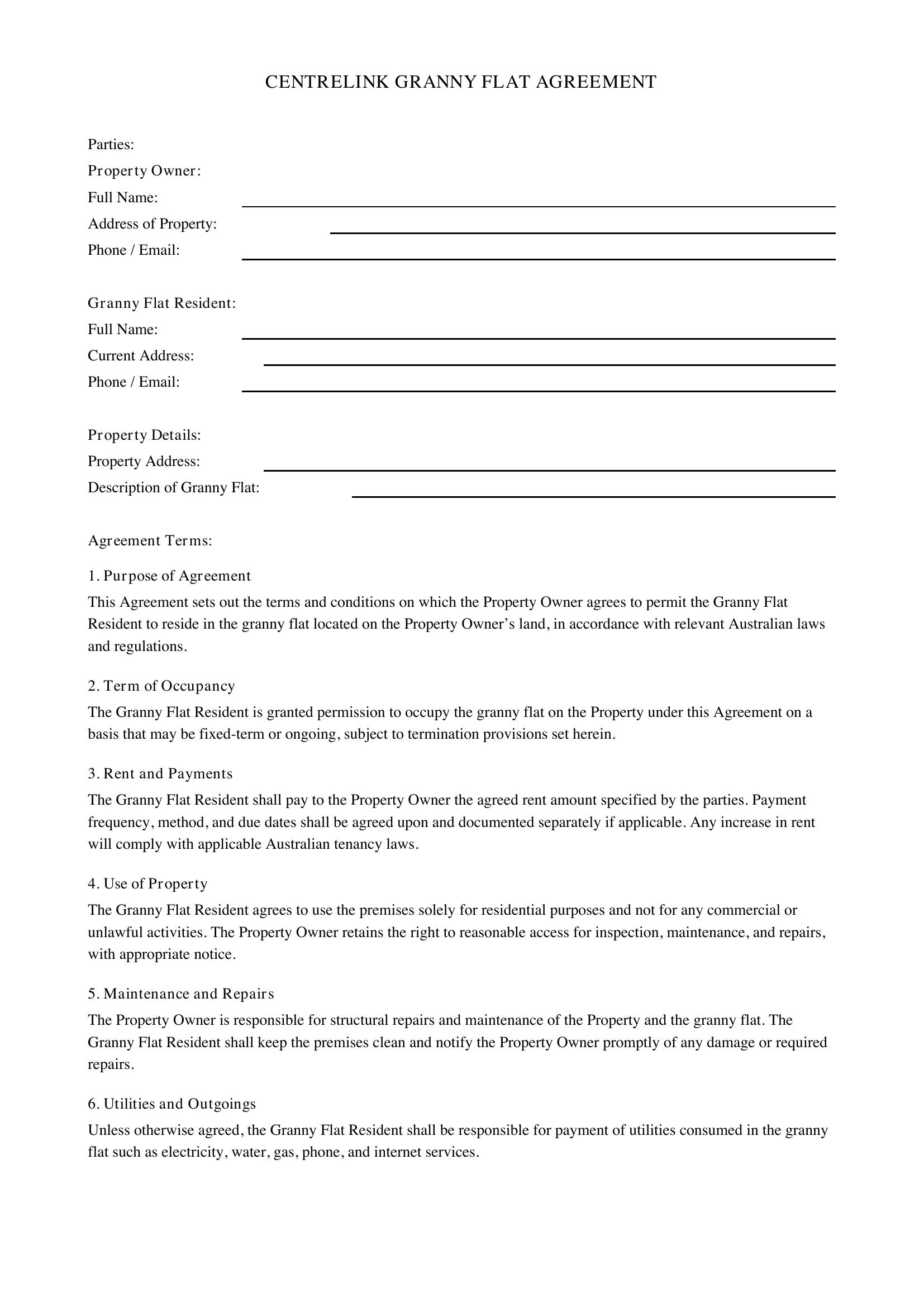 Centrelink Granny Flat Agreement Template - Australia