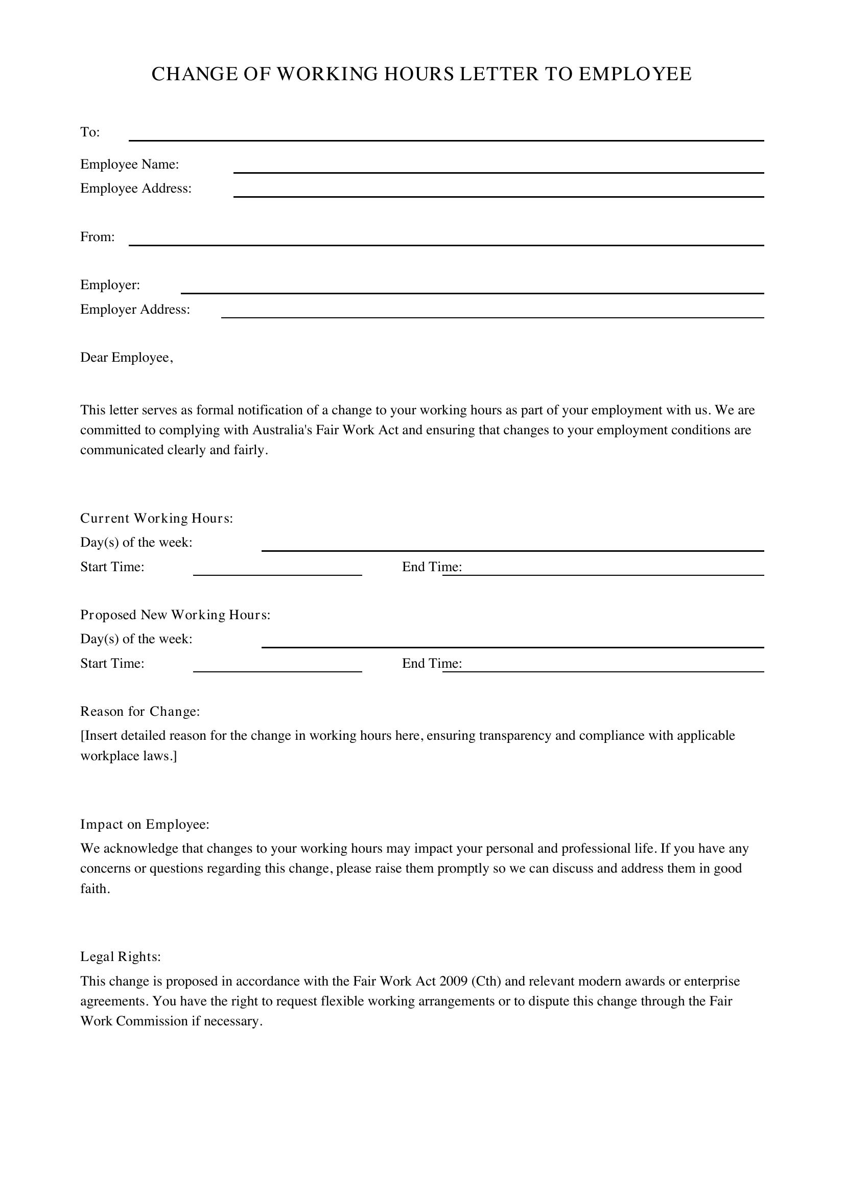 Change Of Working Hours Letter To Employee Template - Australia