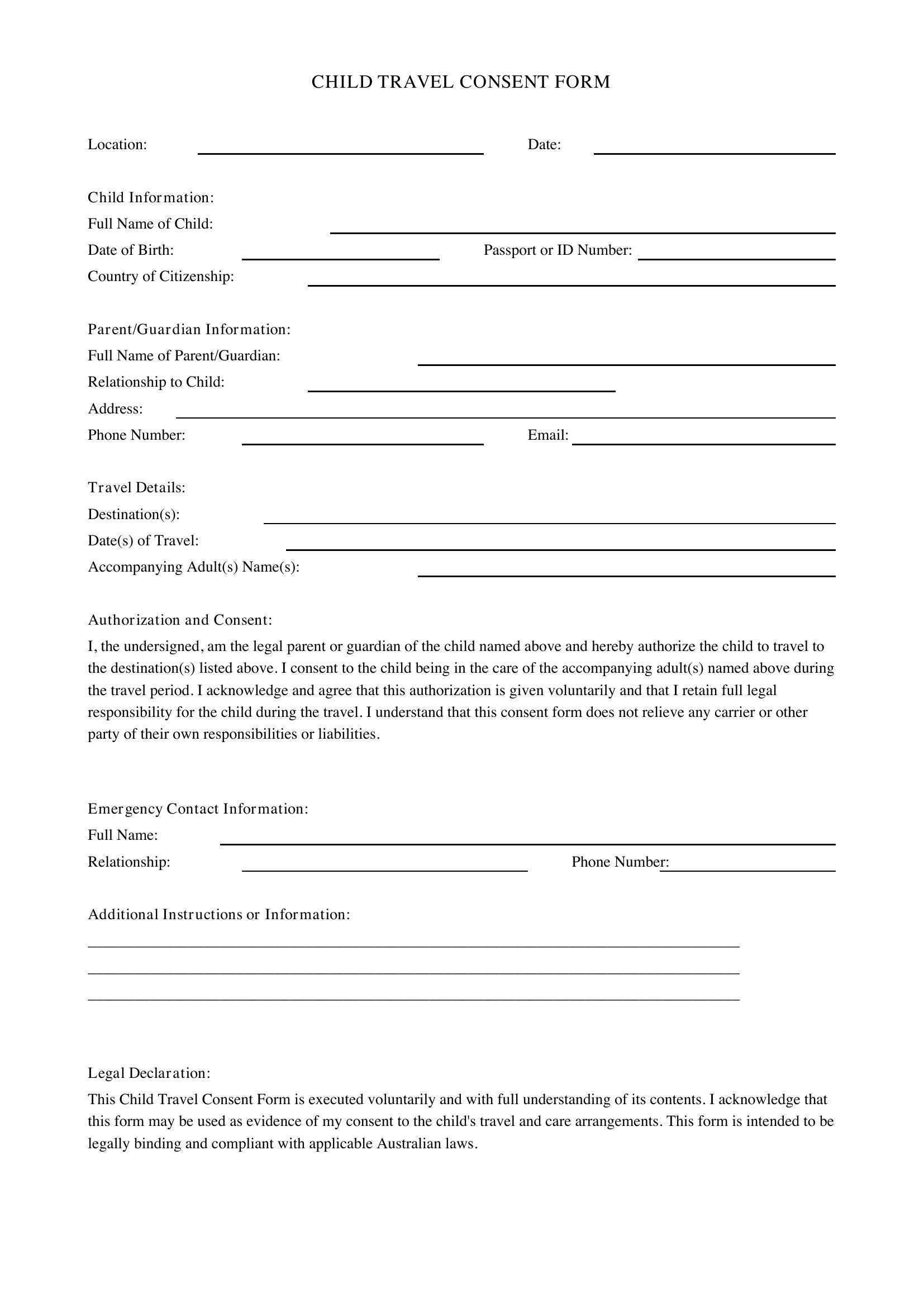 Child Travel Consent Form Template - Australia