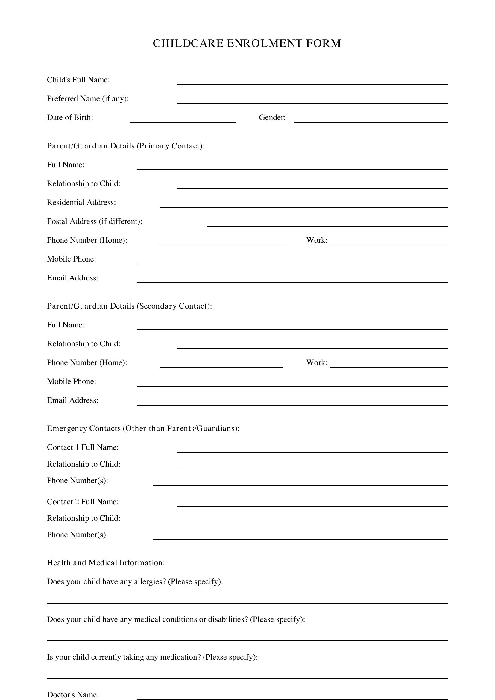 Childcare Enrolment Form Template - Australia