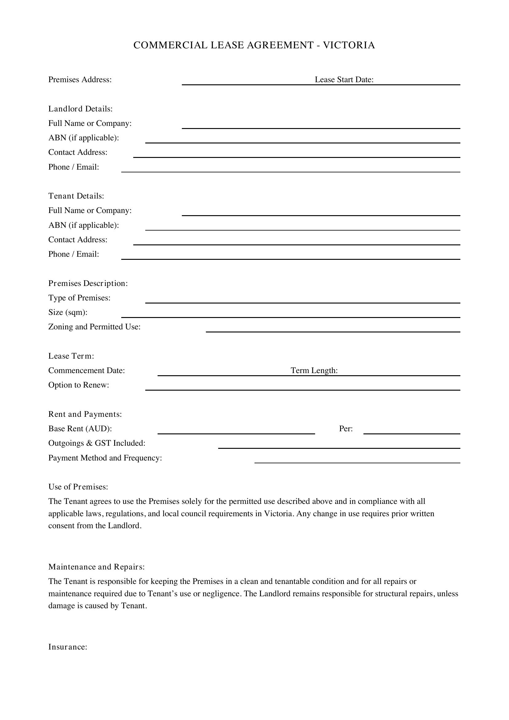 Commercial Lease Agreement Victoria Template - Australia