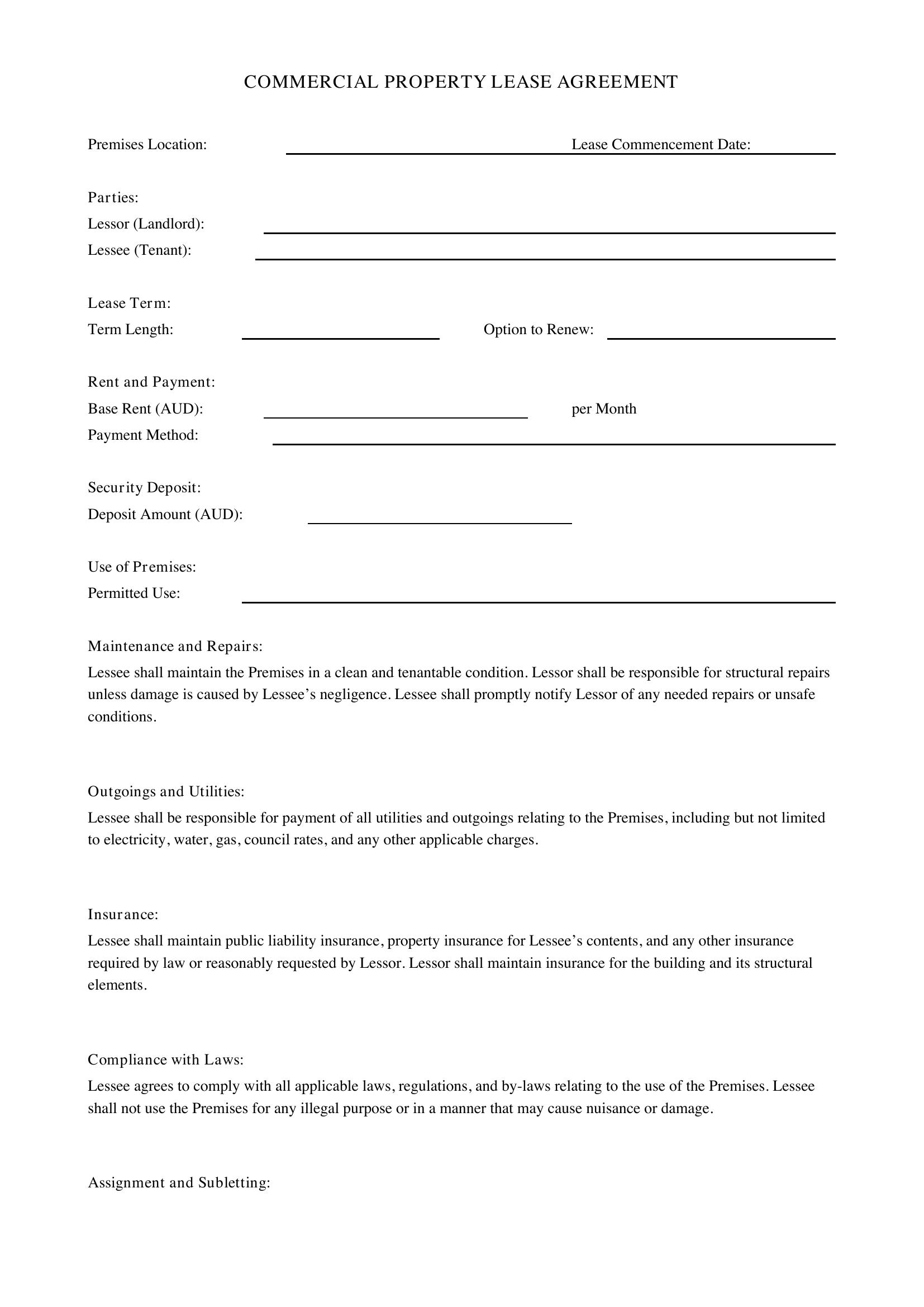 Commercial Property Lease Agreement Template - Australia