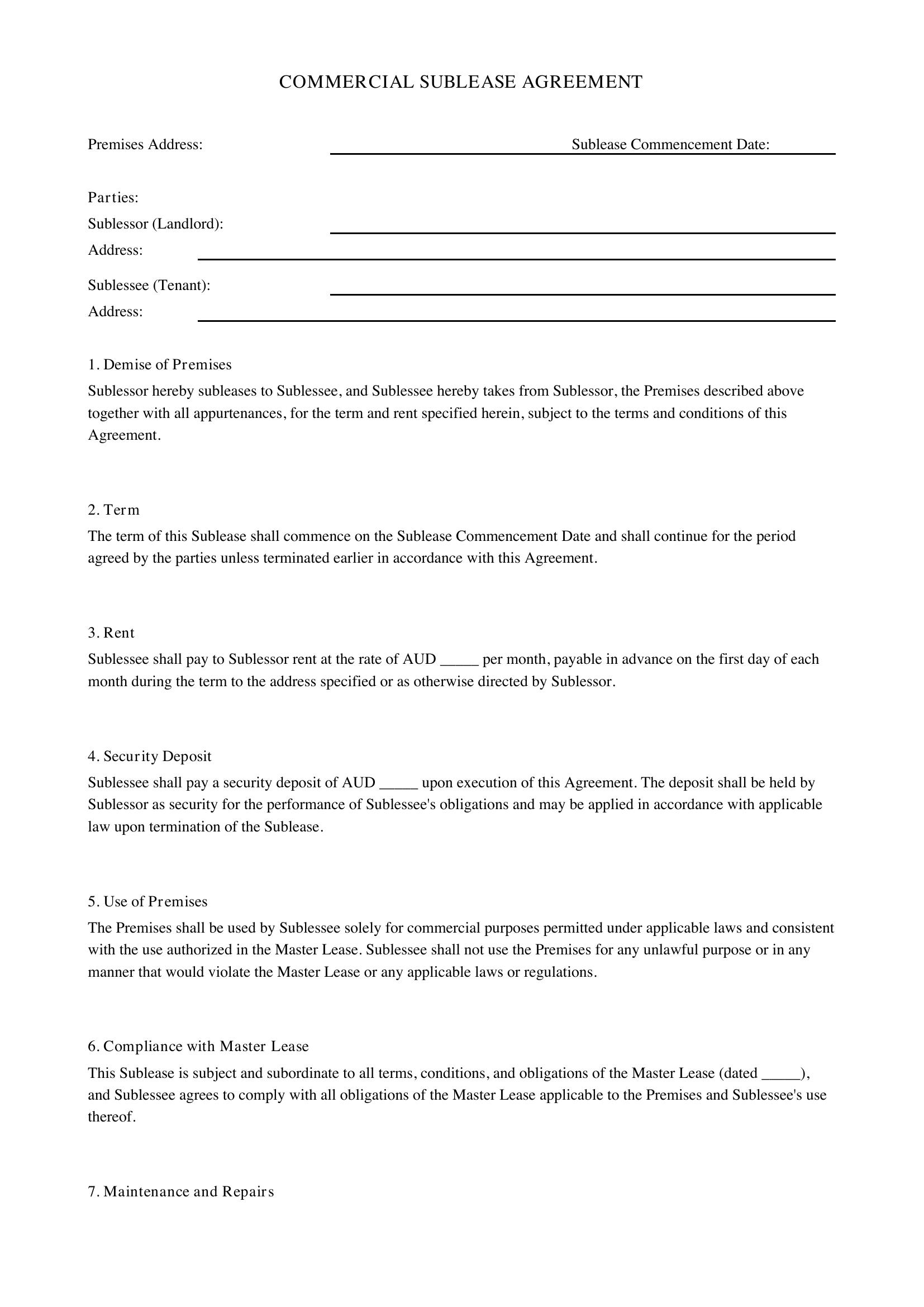 Commercial Sublease Agreement Template - Australia