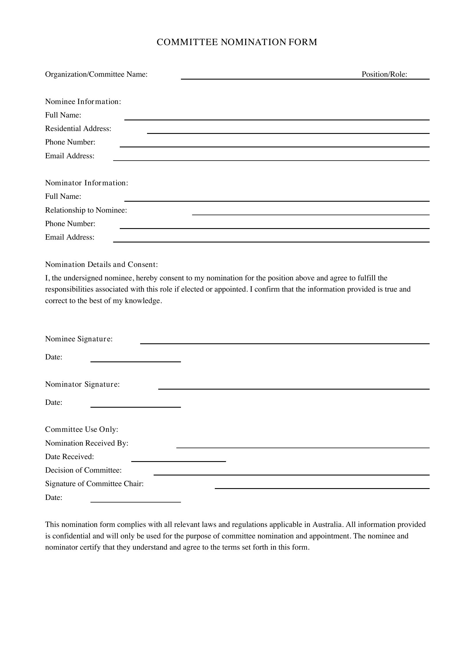 Committee Nomination Form Template - Australia
