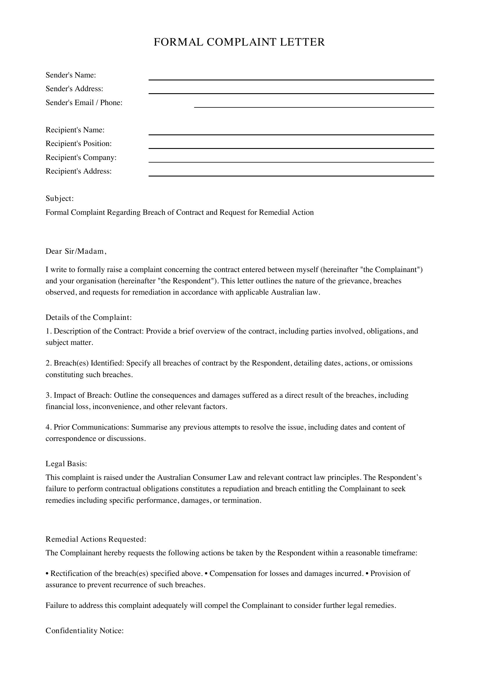 Complaint Letter Template - Australia