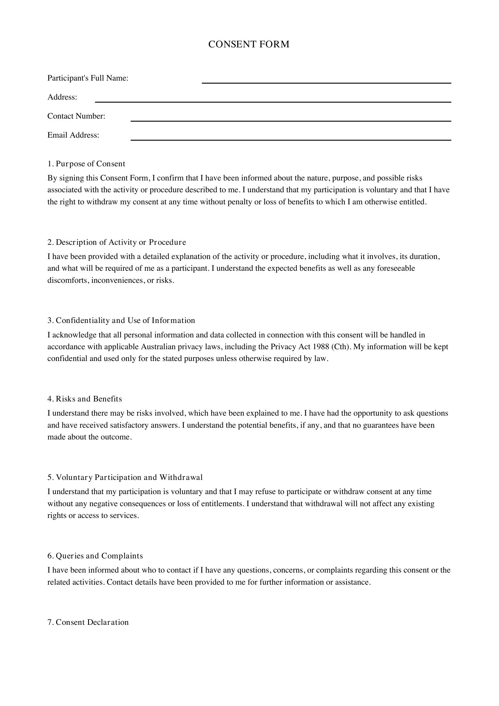 Consent Form Template - Australia