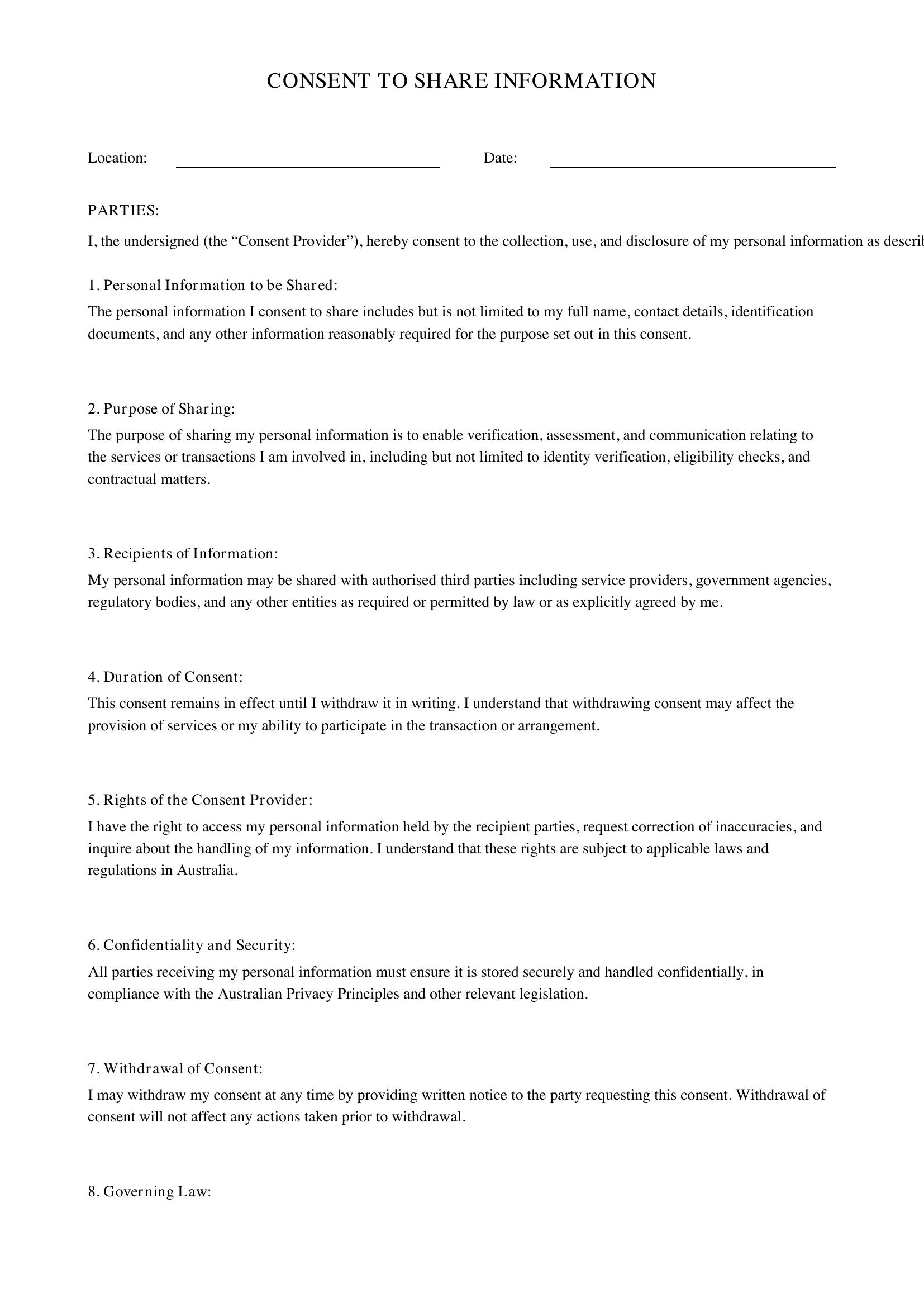 Consent To Share Information Form Template - Australia