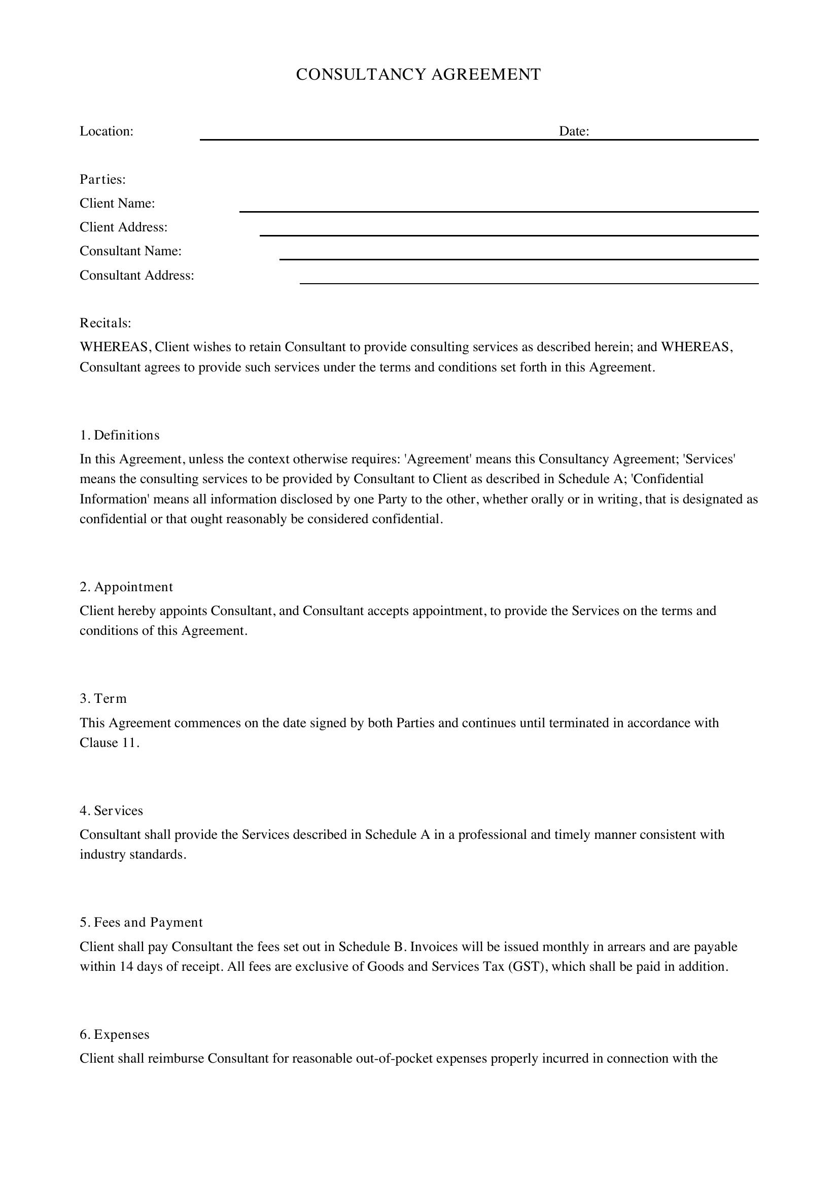 Consultancy Agreement Template - Australia
