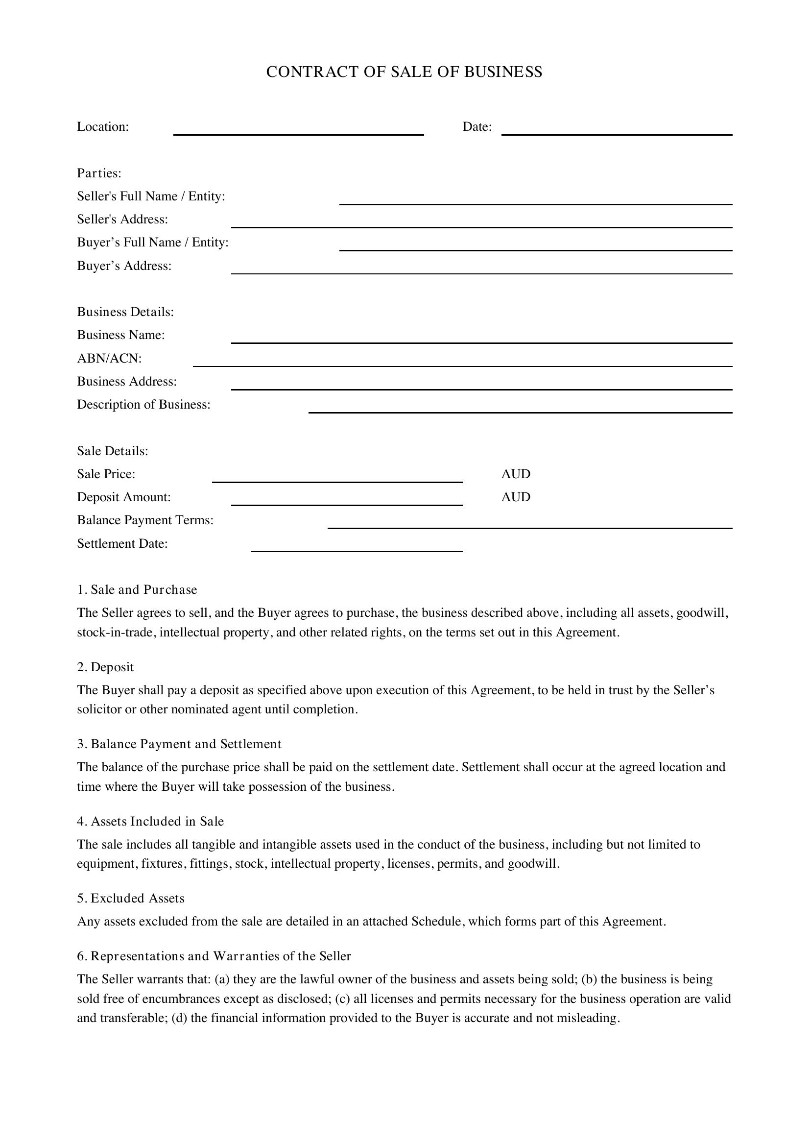Contract Of Sale Of Business Nsw Template - Australia