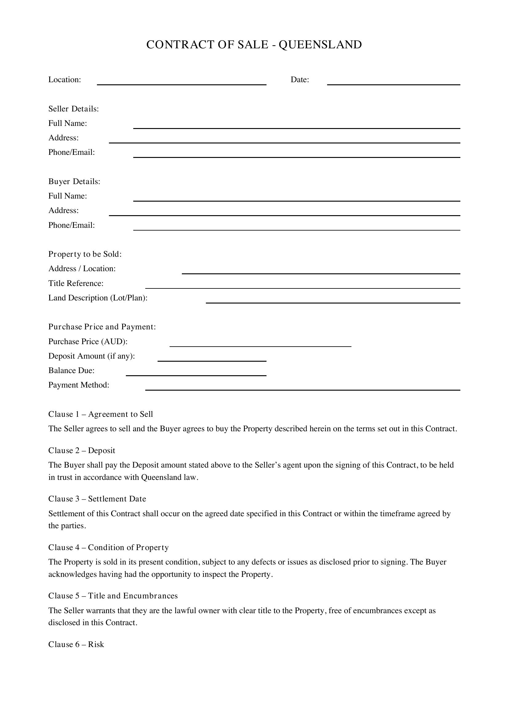 Contract Of Sale Qld Template - Australia