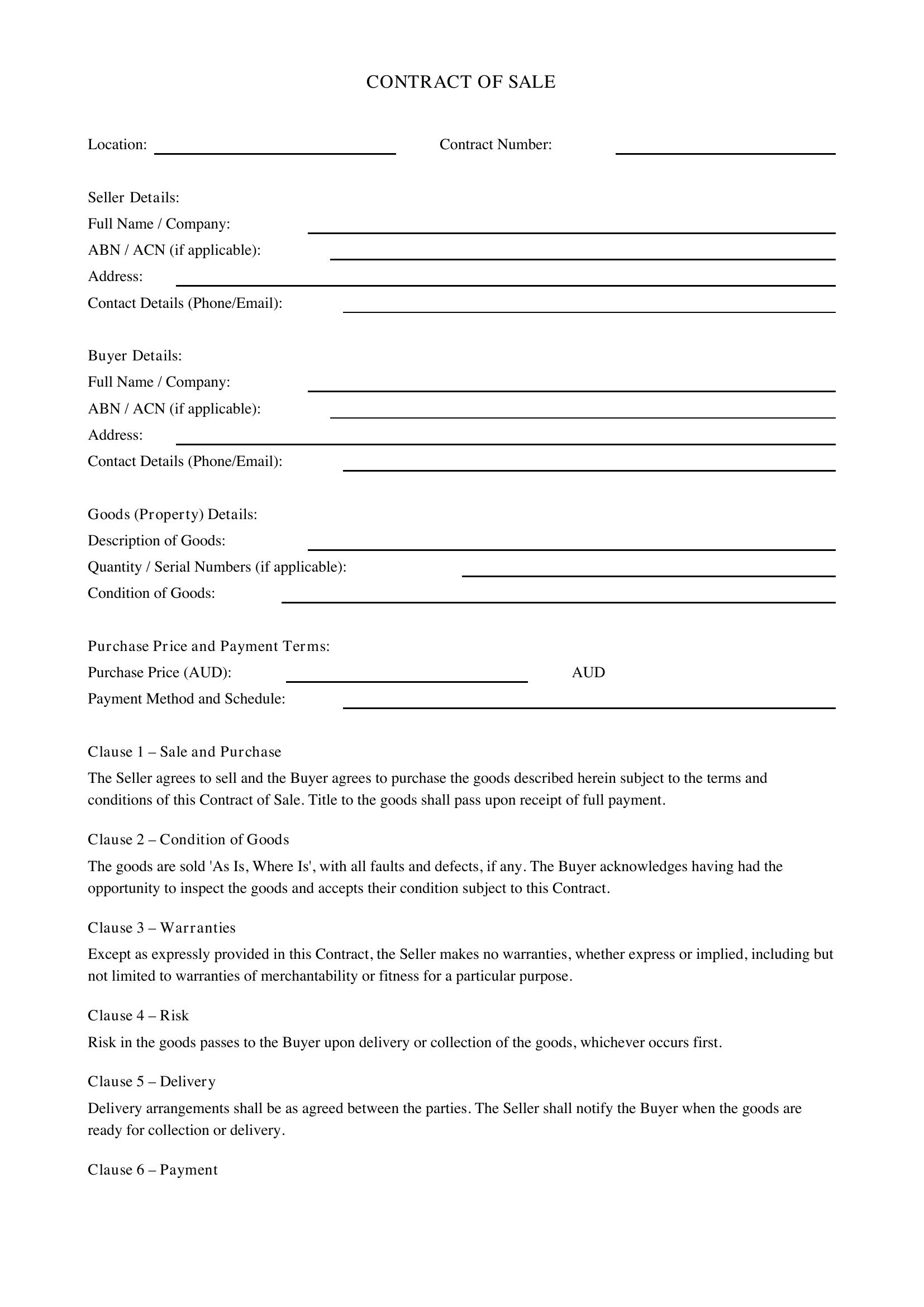 Contract Of Sale Template - Australia