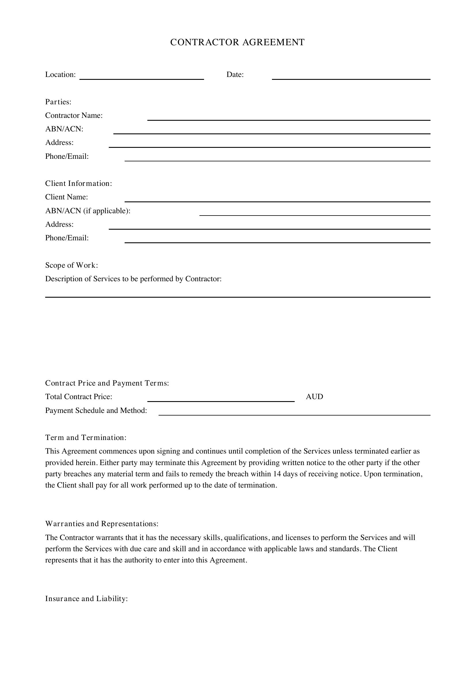 Contractor Agreement Template - Australia