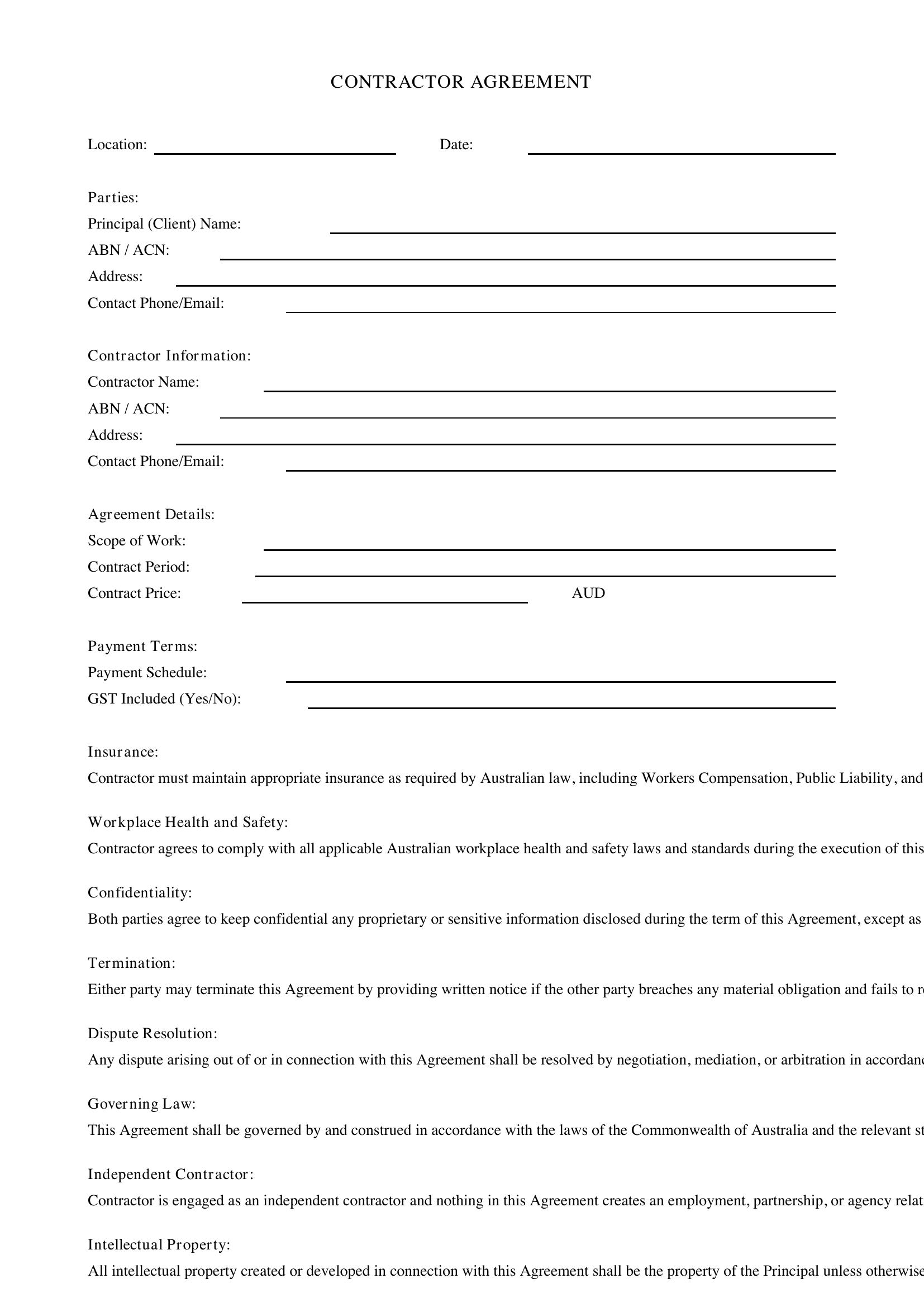 Contractor Contract Template - Australia