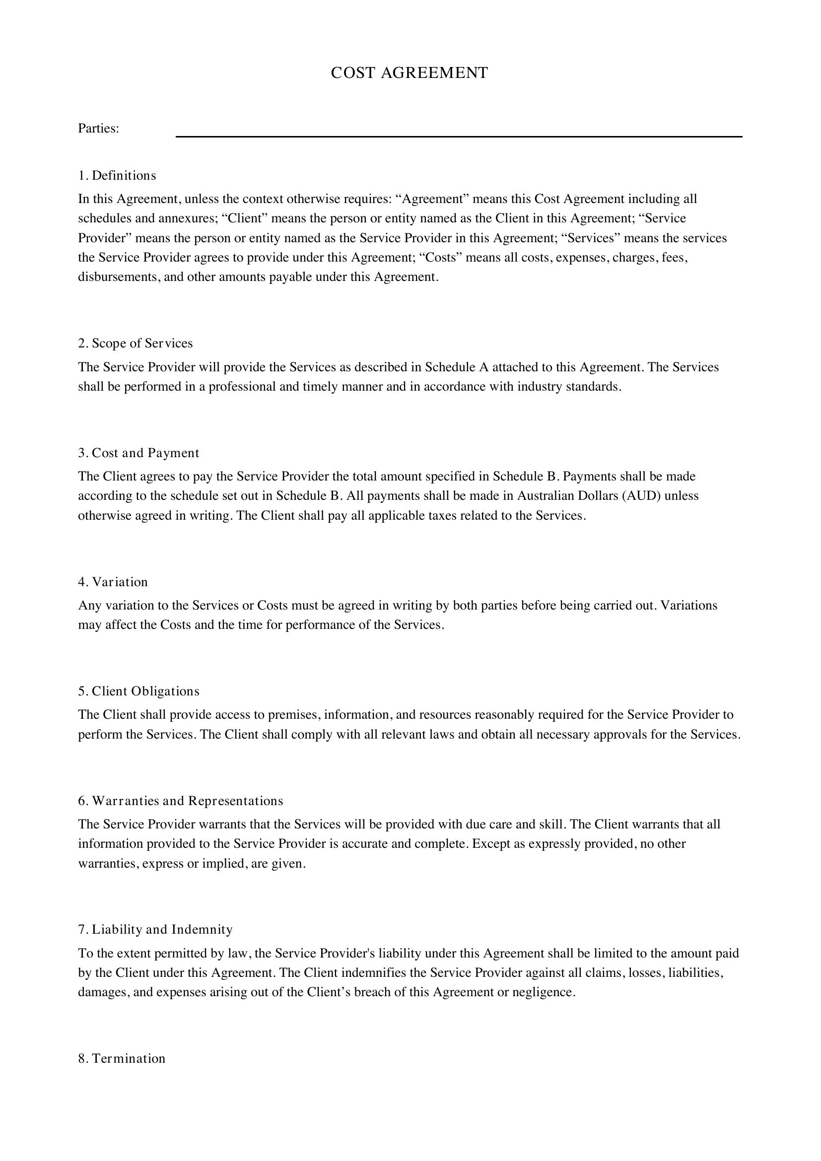 Cost Agreement Template - Australia