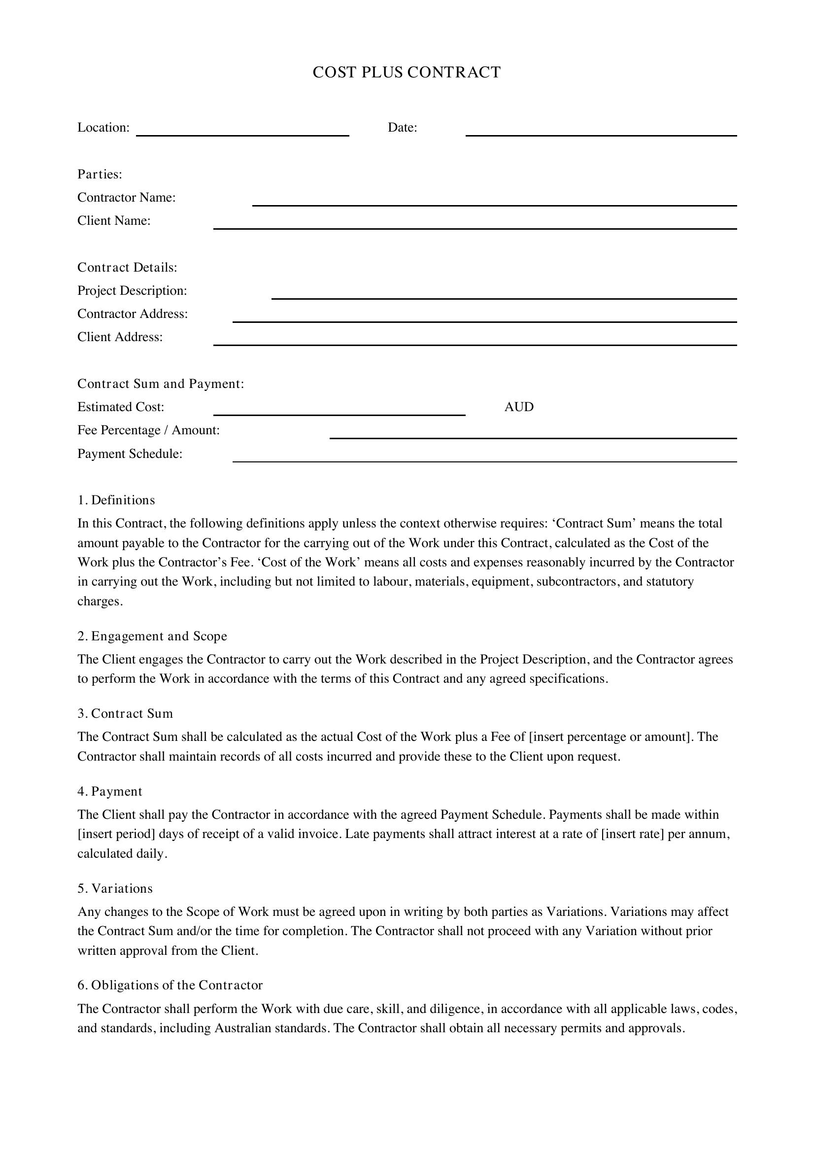 Cost Plus Contract Template - Australia