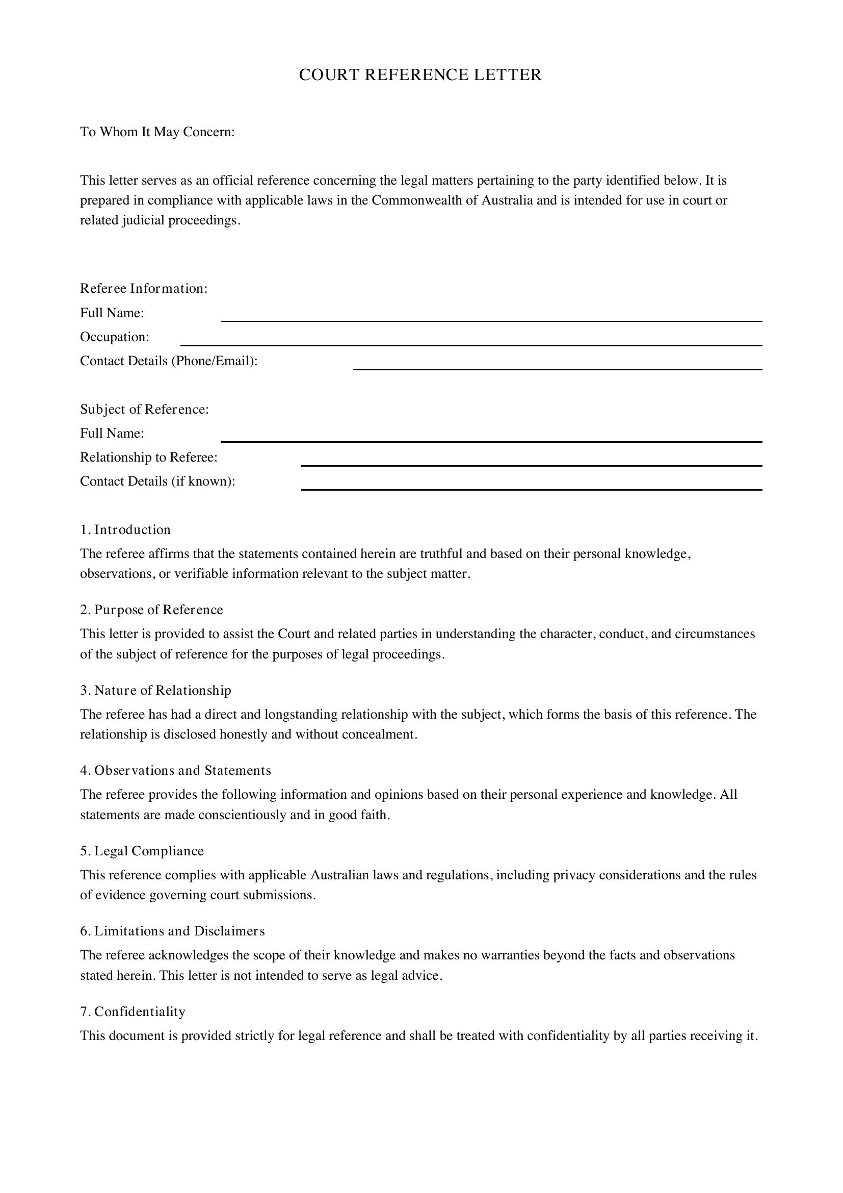 Court Reference Letter Template - Australia