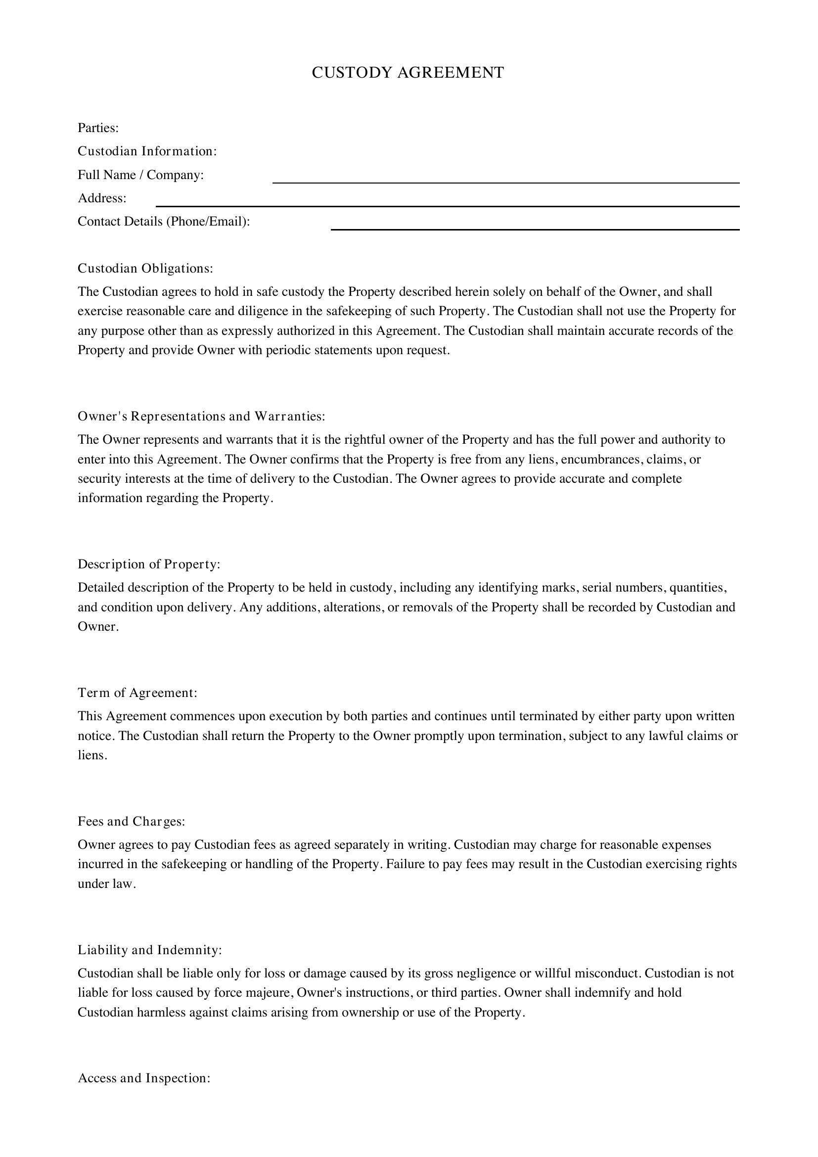 Custody Agreement Template - Australia